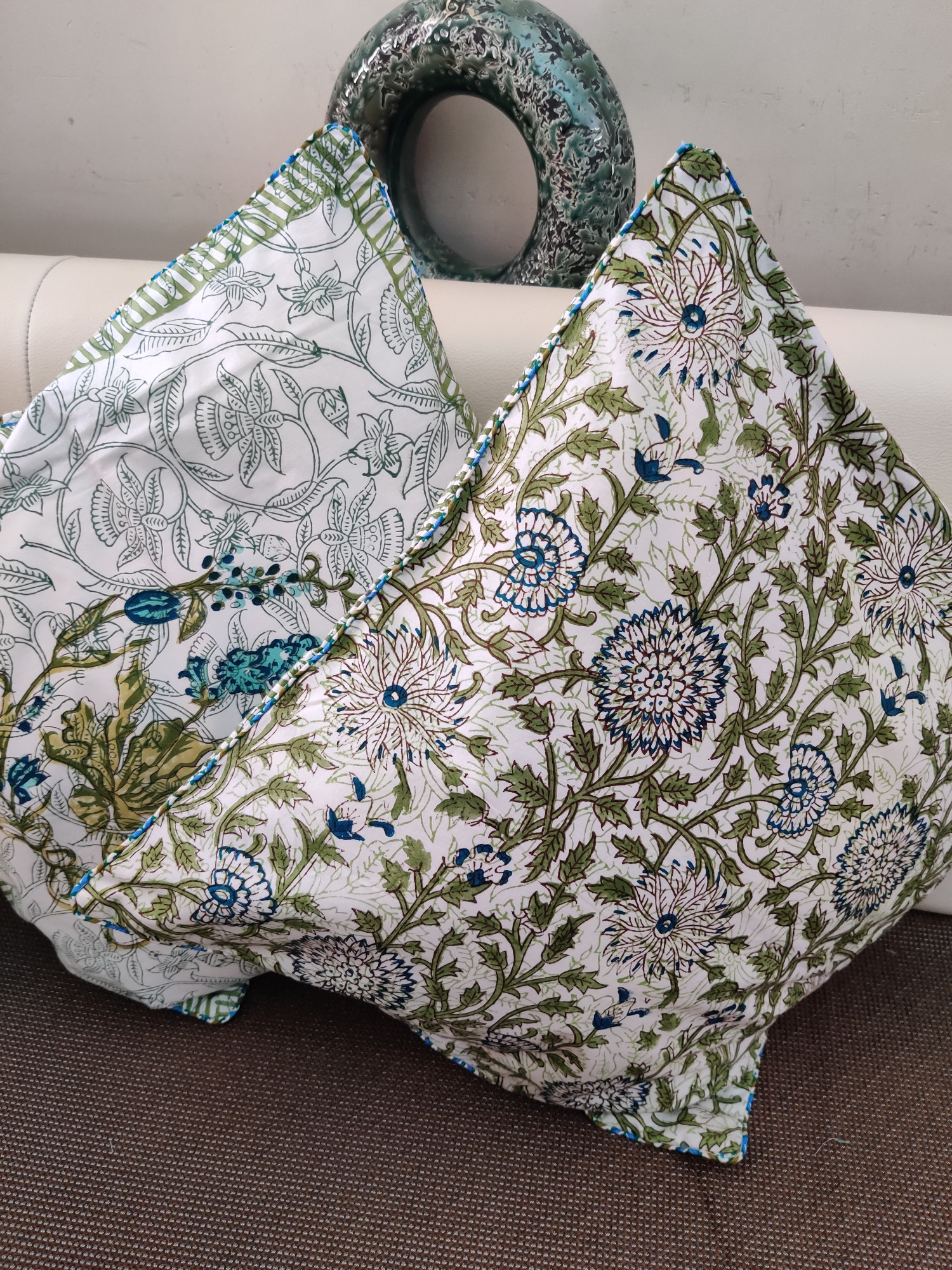 Block Print Cushion Cover - Aqua Blue Multiblock Hand Block Print Cotton 16x16 Pack of 5
