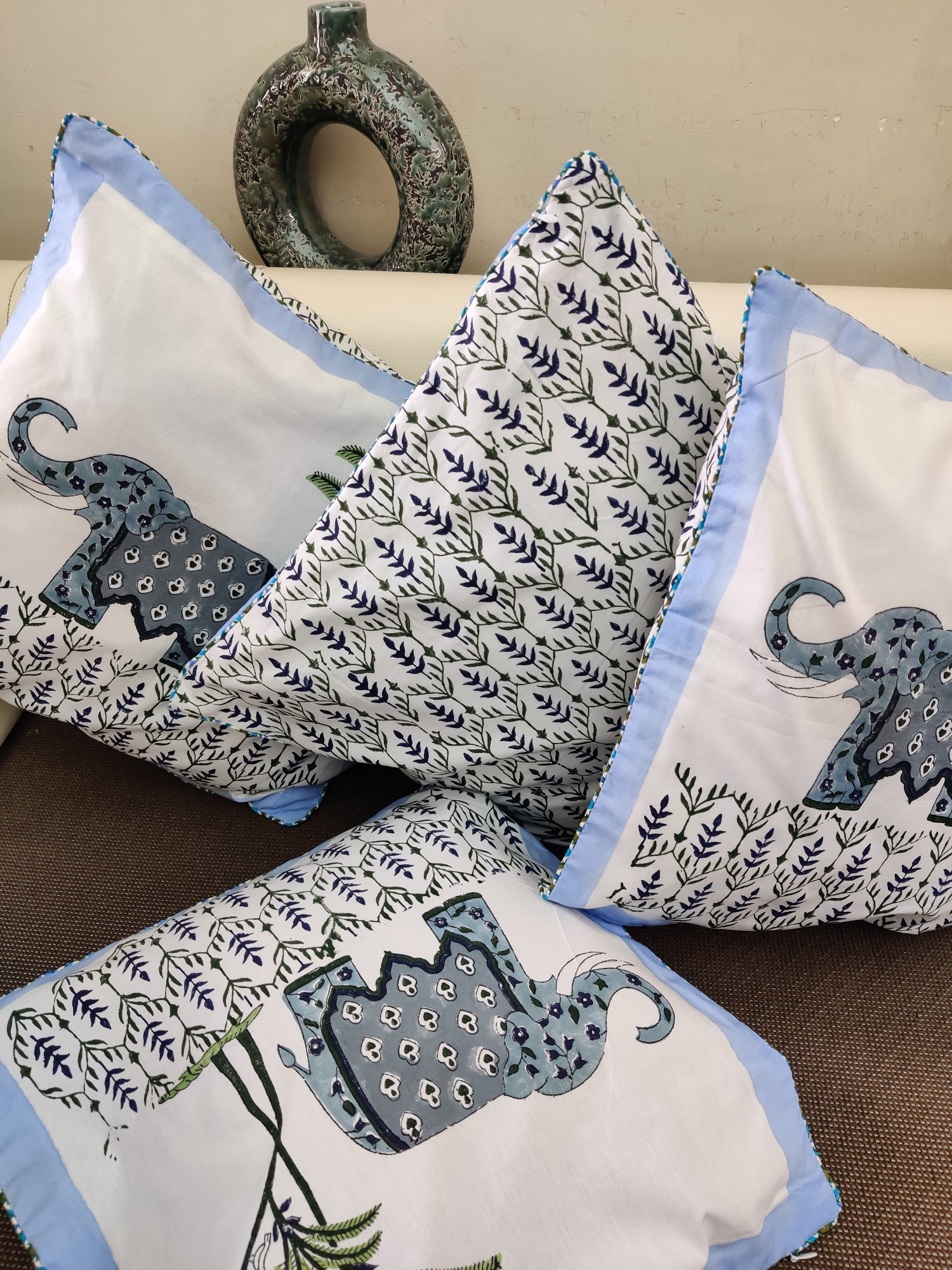 Block Print Cushion Cover - Grey Haathi Hand Block Print Cotton 16x16 Pack of 5