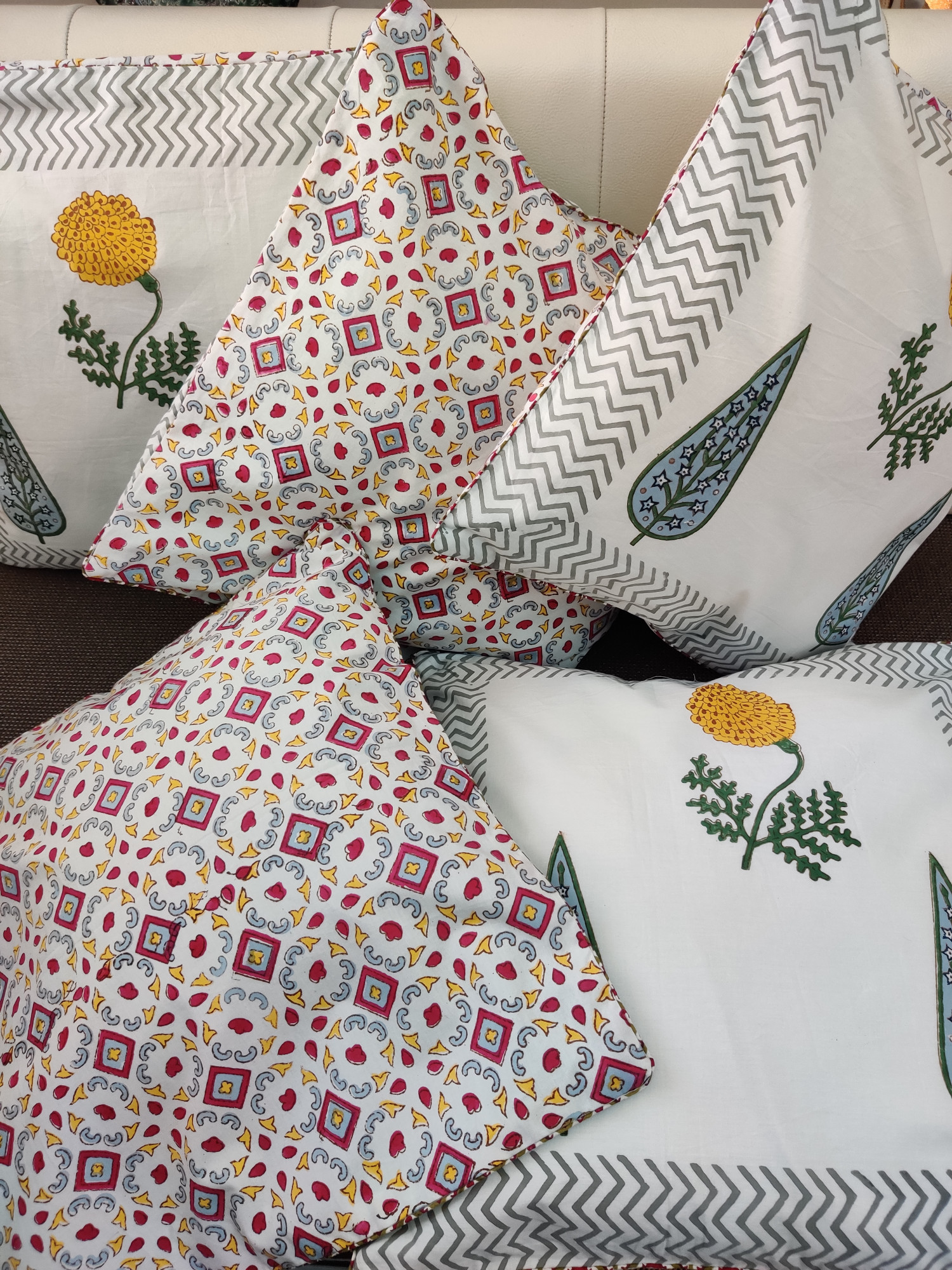 Block Print Cushion Cover - Tropical Hand Block Print Cotton 16x16 Pack of 5