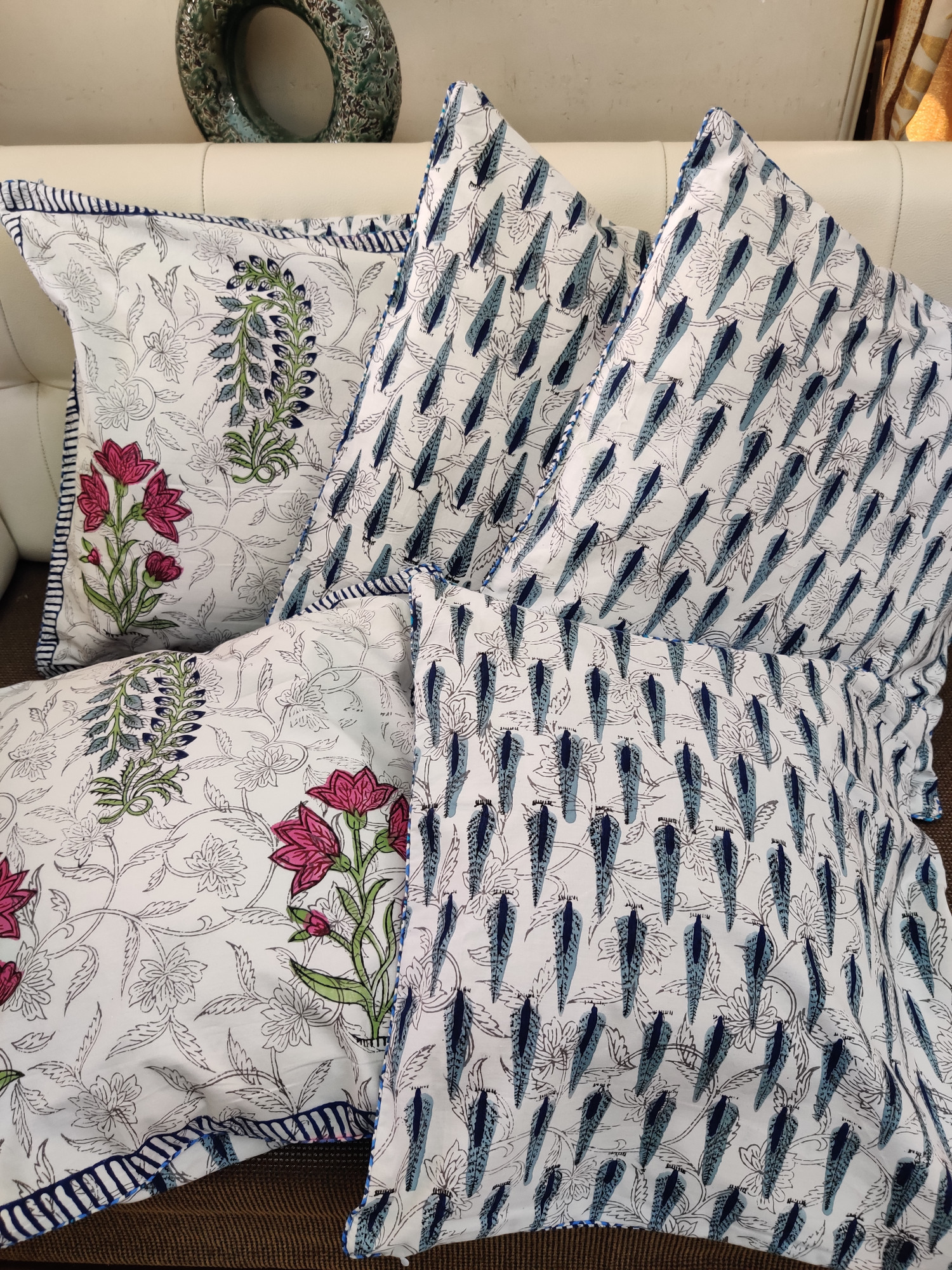 Block Print Cushion Cover - Multi Motifs Hand Block Print Premium Cotton 16x16 Pack of 5