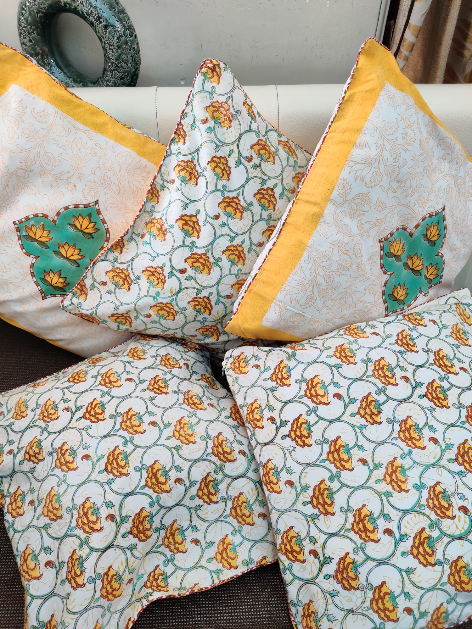 Block Print Cushion Cover - Sunkissed Hand Block Print Premium Cotton 16x16 Pack of 5