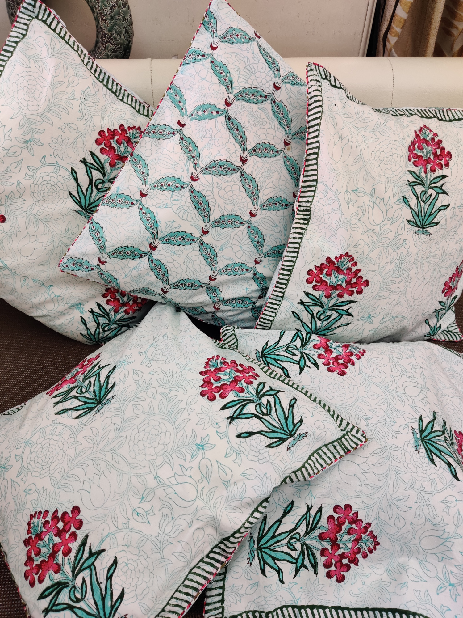 Block Print Cushion Cover - Multiblock Hand Block Print Premium Cotton 16x16 Pack of 5