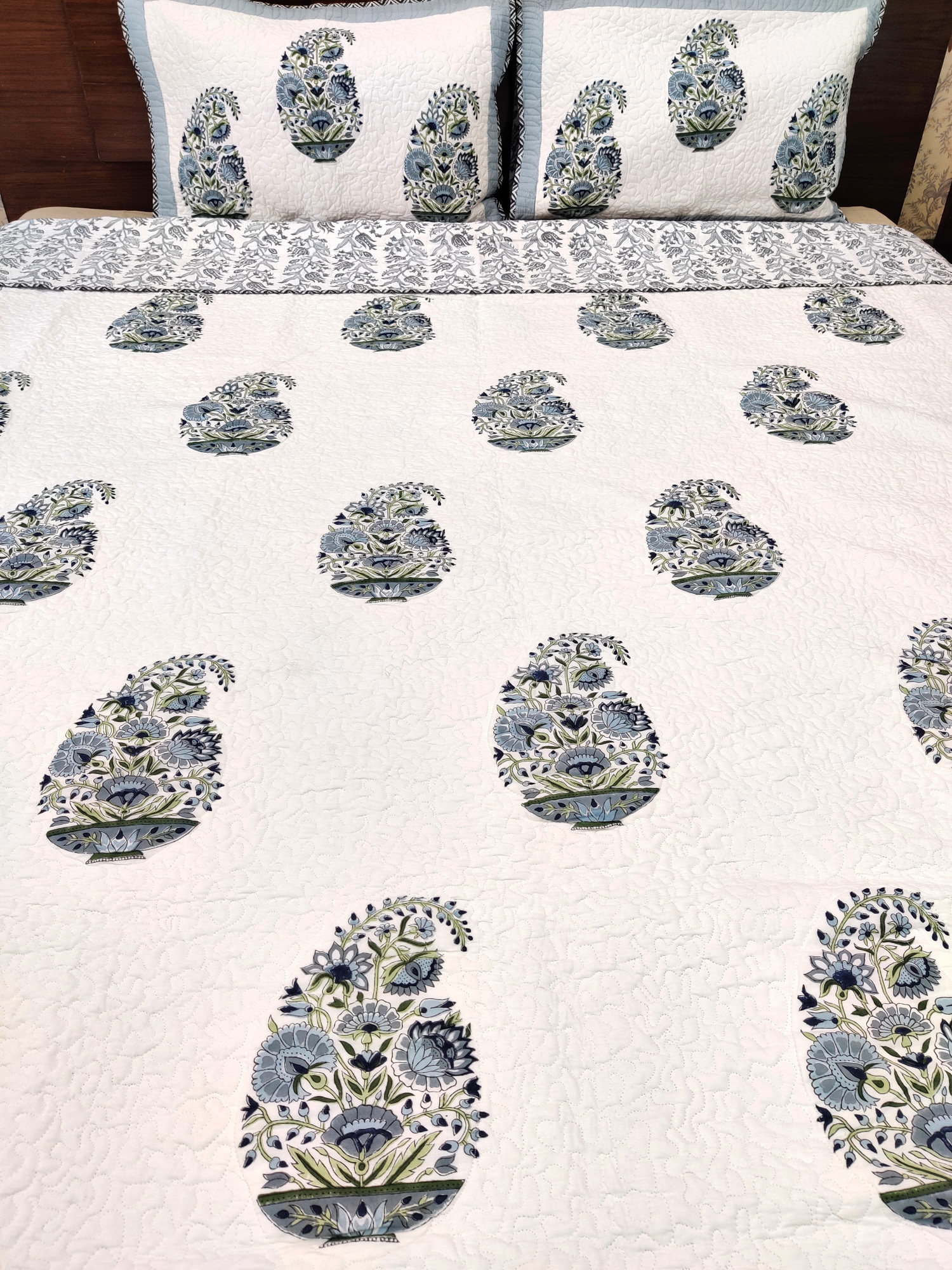 Block Print Bedcover - Grey Boota Hand Block Print Premium Cotton Double