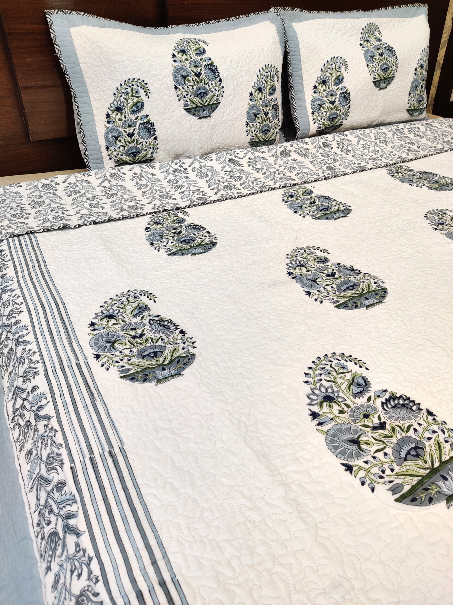 Block Print Bedcover - Grey Boota Hand Block Print Premium Cotton Double