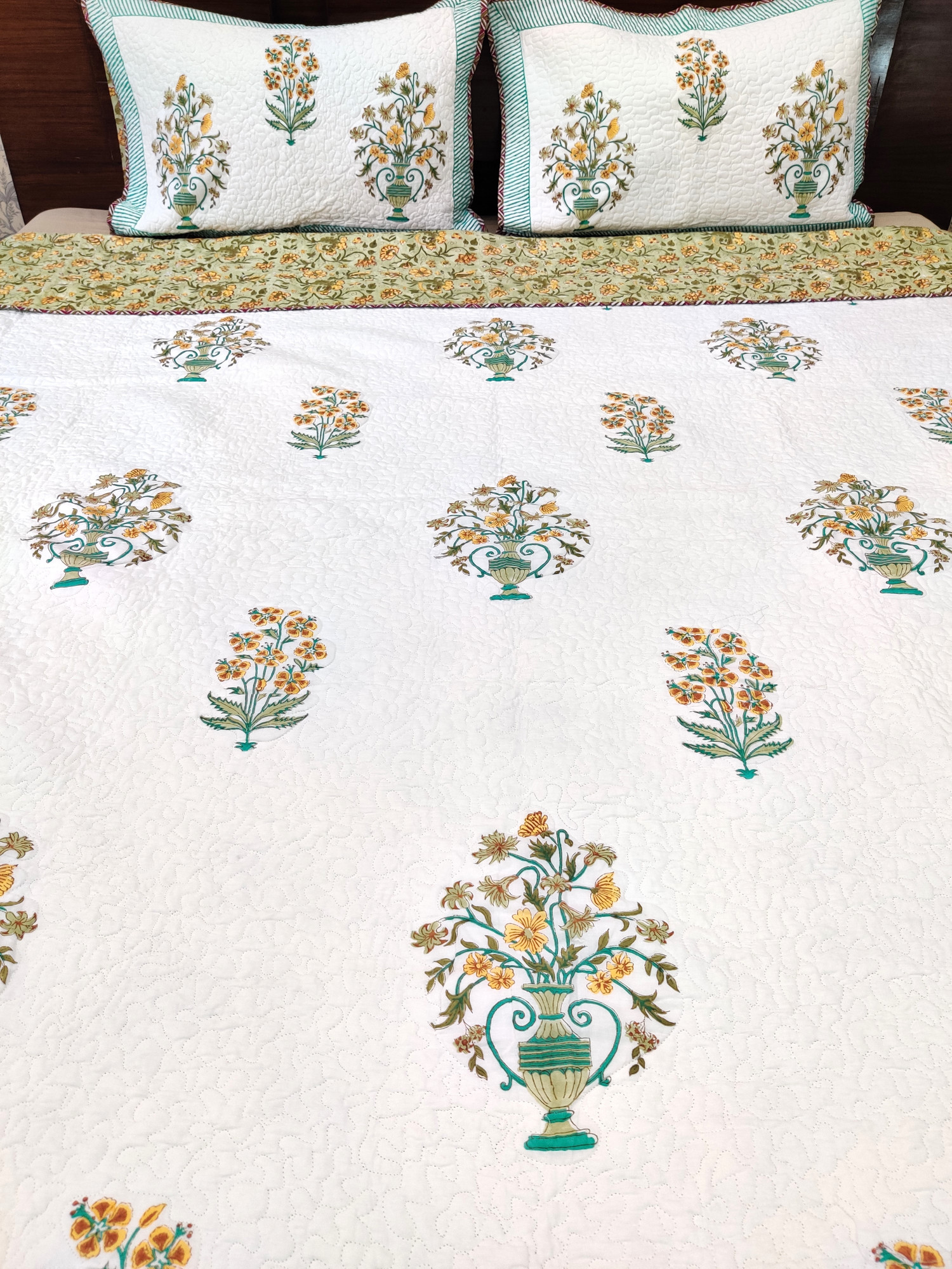 Block Print Bedcover - Chic Garden Hand Block Print Premium Cotton Double