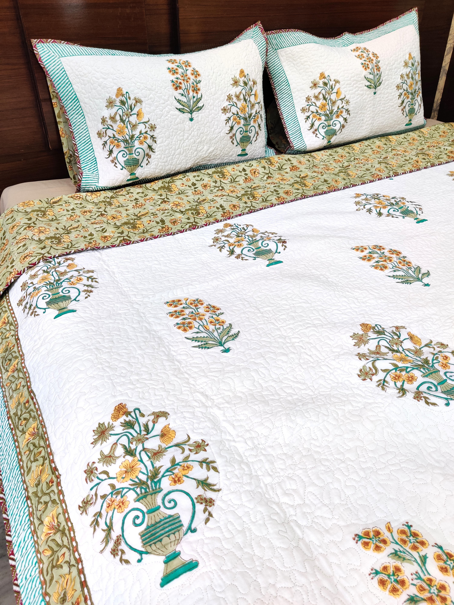Block Print Bedcover - Chic Garden Hand Block Print Premium Cotton Double
