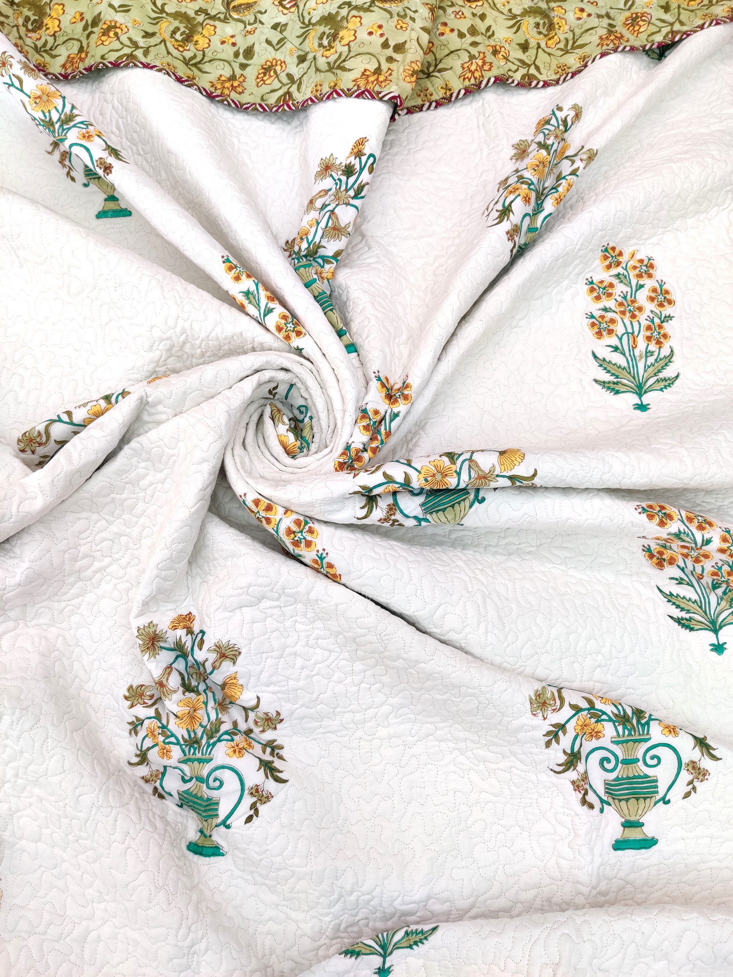 Block Print Bedcover - Chic Garden Hand Block Print Premium Cotton Double