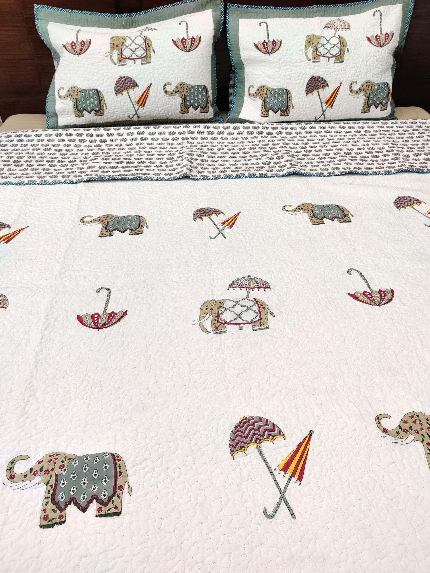 Block Print Bedcover - Multi Haathi Hand Block Print Premium Cotton Double