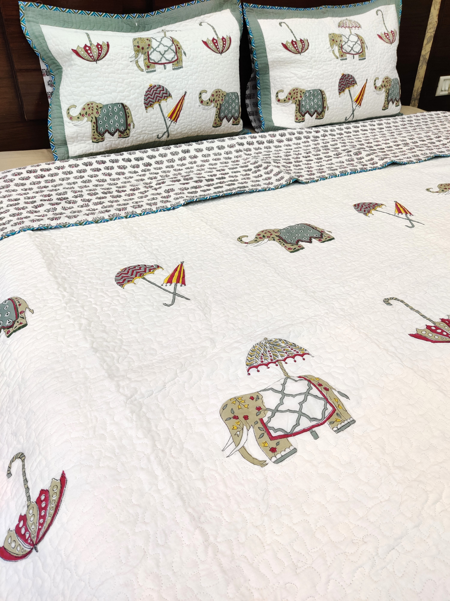 Block Print Bedcover - Multi Haathi Hand Block Print Premium Cotton Double