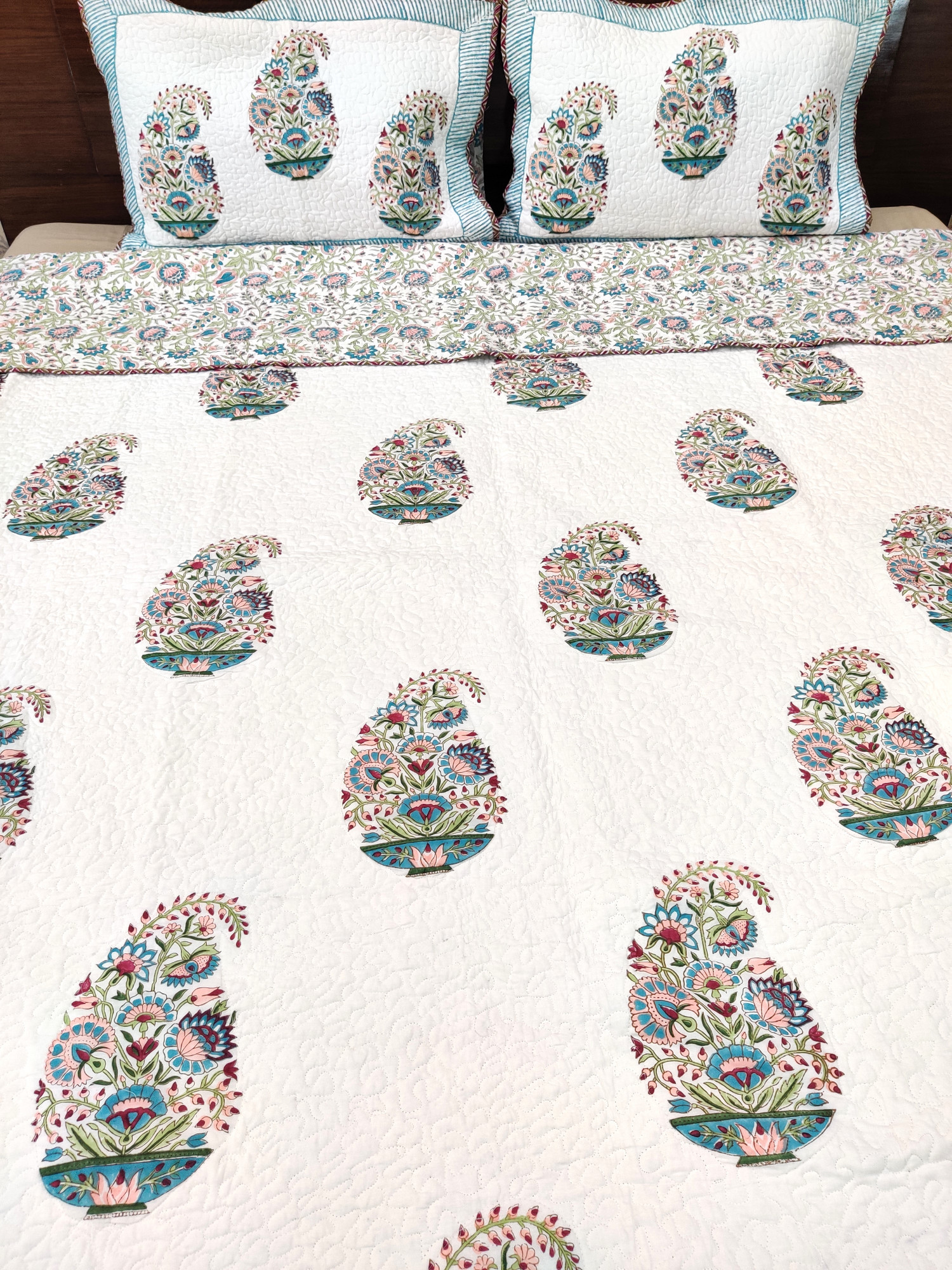 Block Print Bedcover - Multicolour Kerry Hand Block Print Premium Cotton Double