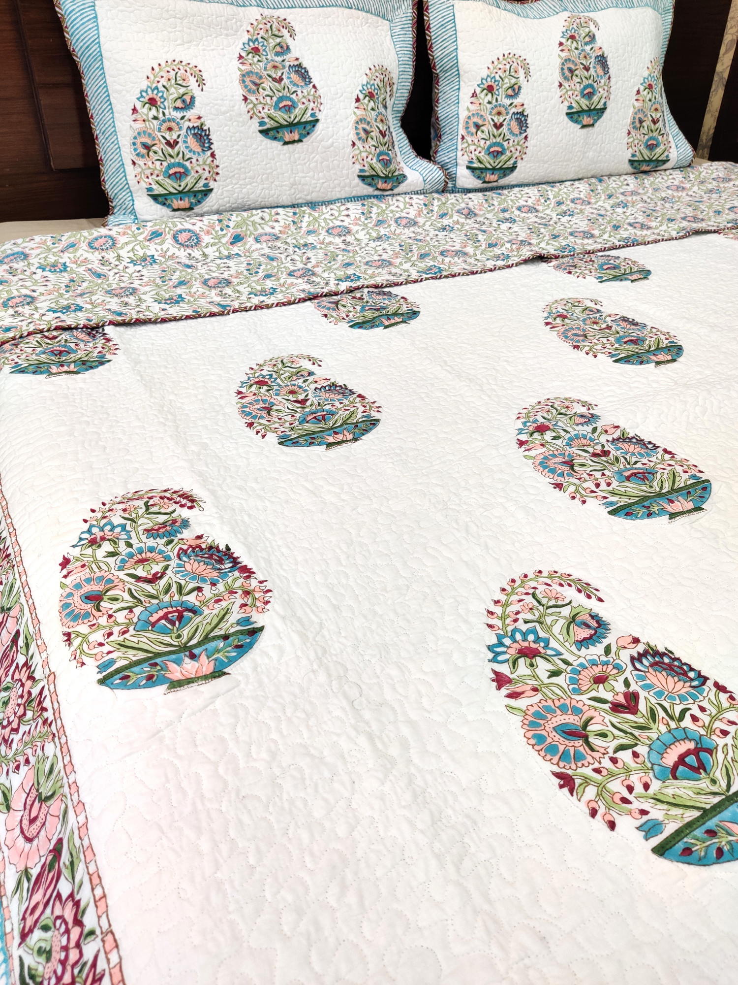 Block Print Bedcover - Multicolour Kerry Hand Block Print Premium Cotton Double