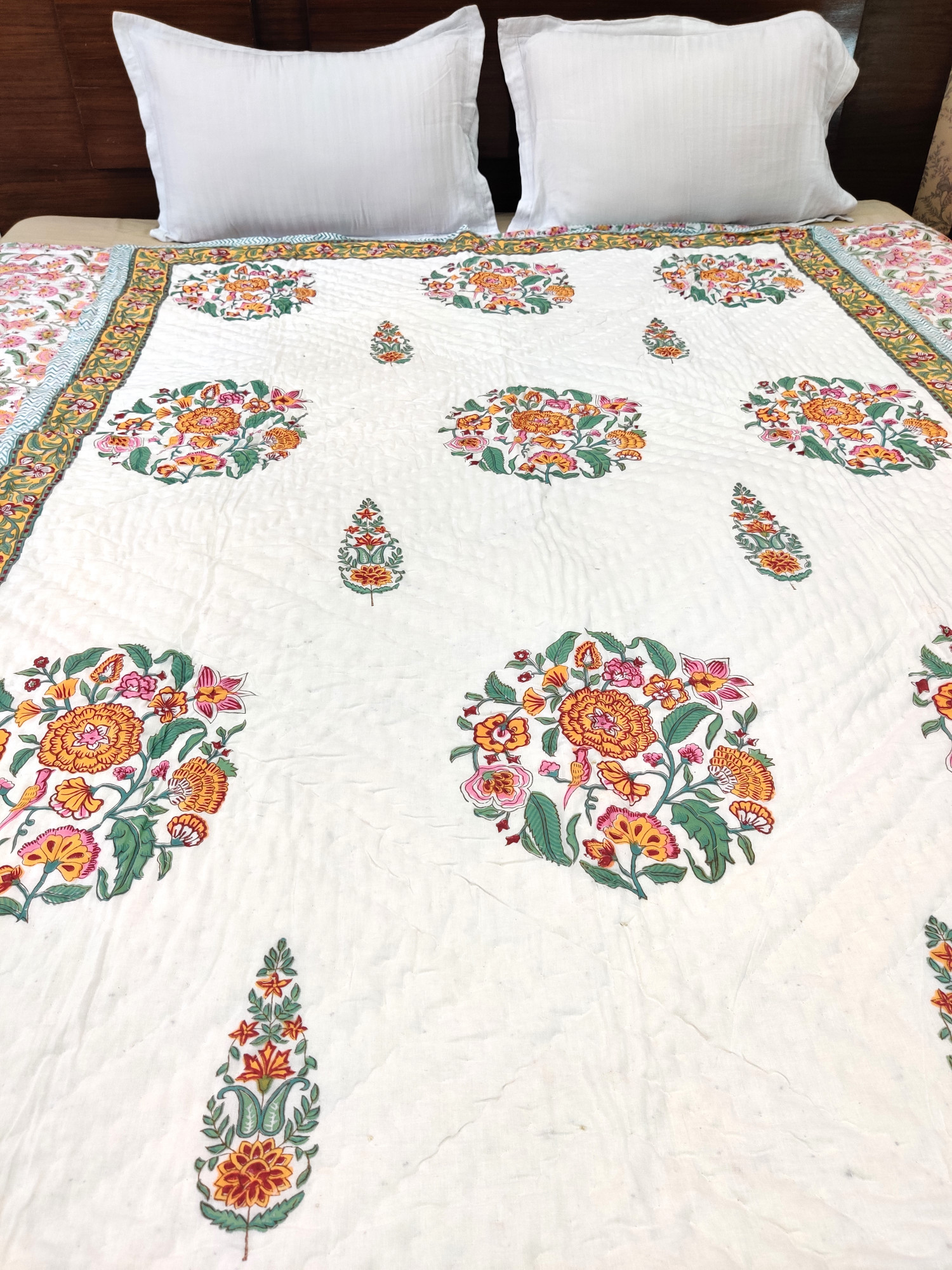 Hand Block Print Mulmul Quilt - Yellow Mughal Soft Jaipuri Razai Double