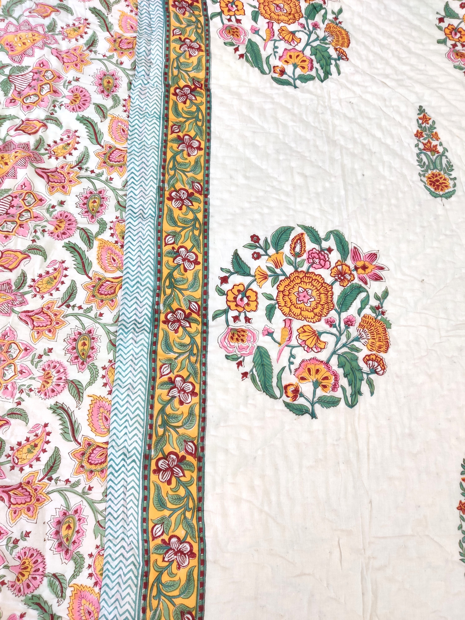 Hand Block Print Mulmul Quilt - Yellow Mughal Soft Jaipuri Razai Double