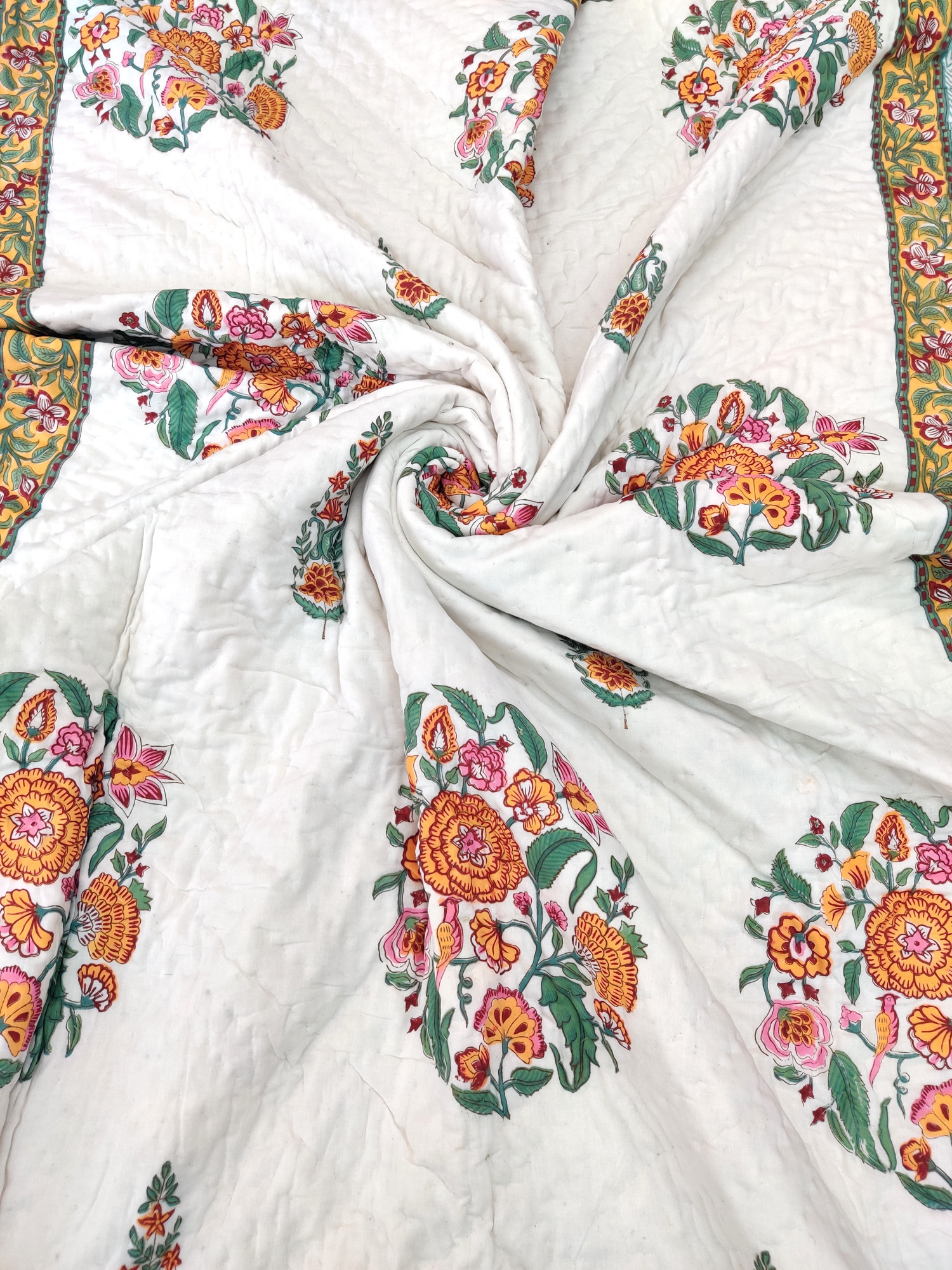 Hand Block Print Mulmul Quilt - Yellow Mughal Soft Jaipuri Razai Double