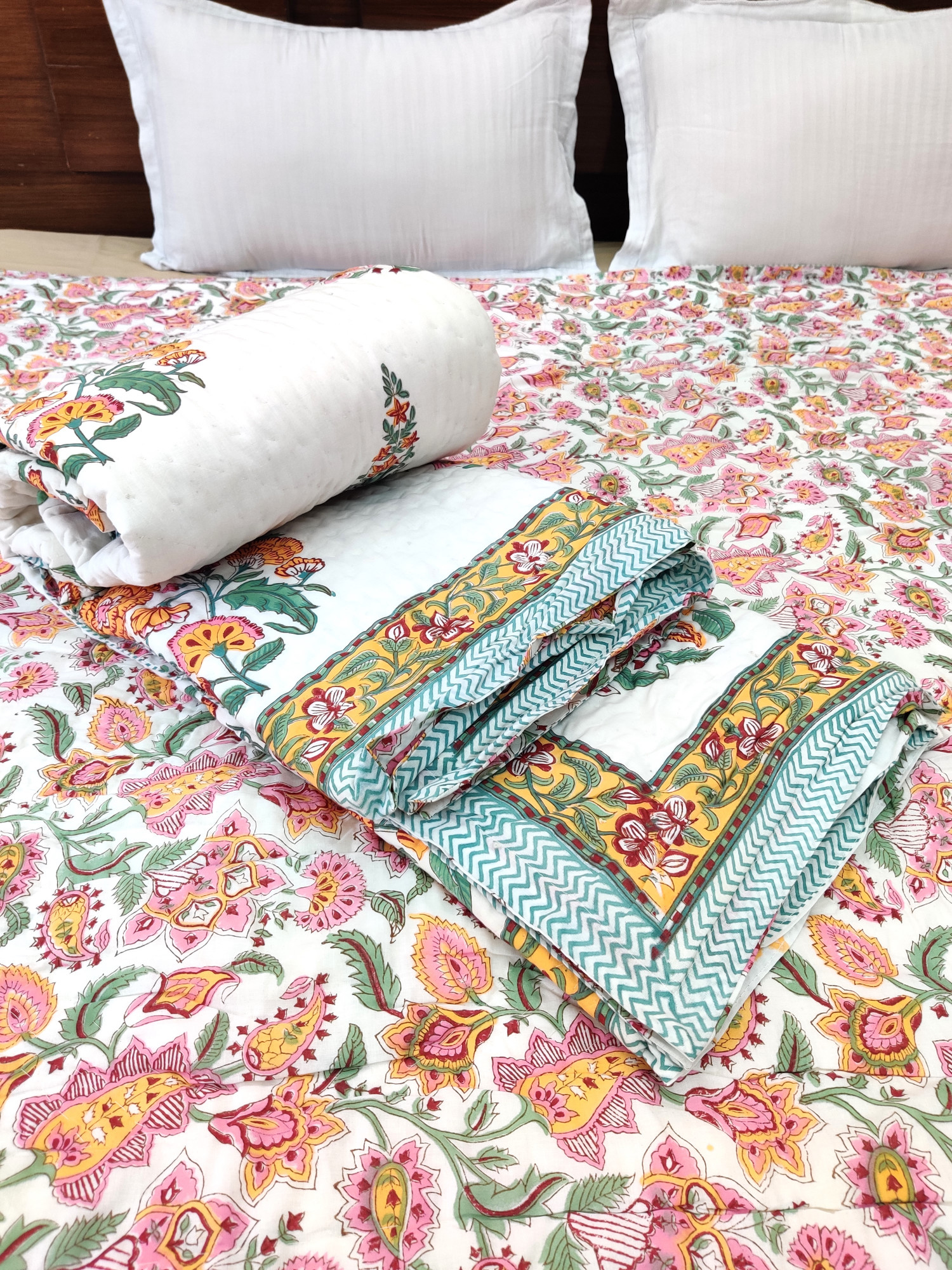 Hand Block Print Mulmul Quilt - Yellow Mughal Soft Jaipuri Razai Double