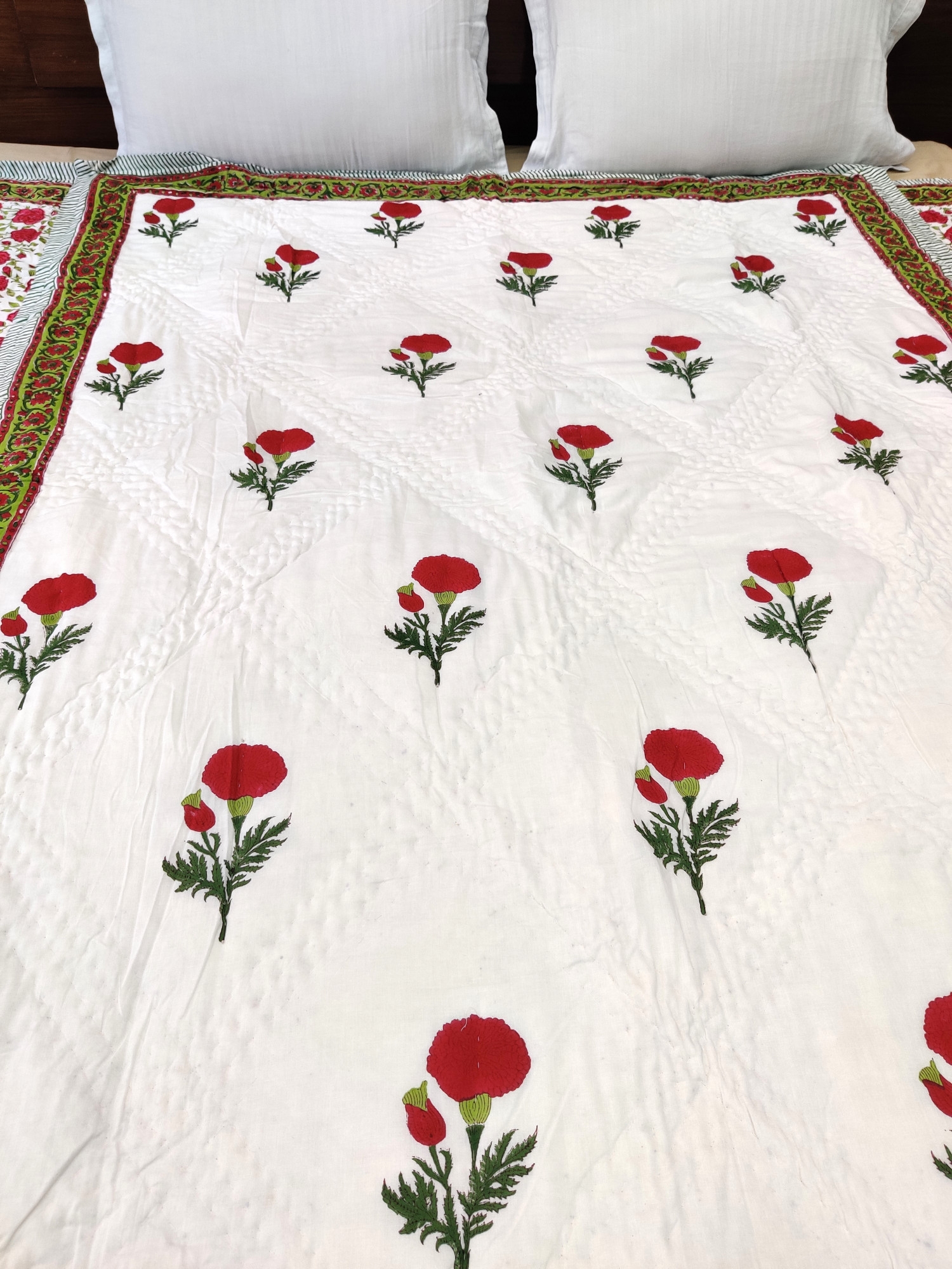 Hand Block Print Mulmul Quilt - Red Daisy Soft Jaipuri Razai Double