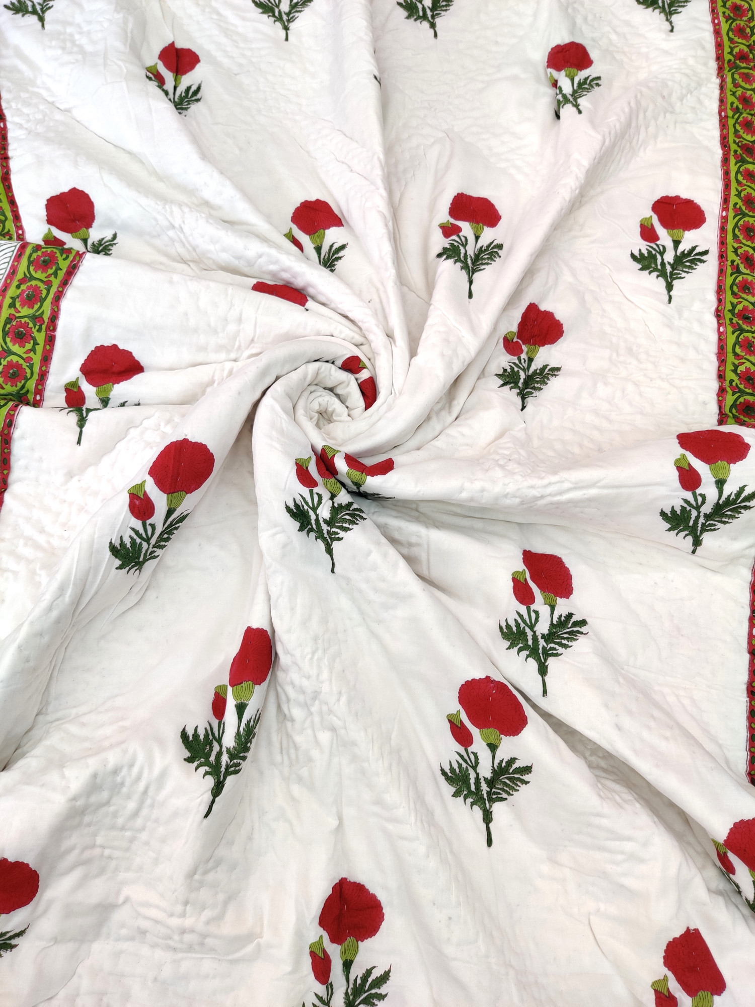 Hand Block Print Mulmul Quilt - Red Daisy Soft Jaipuri Razai Double