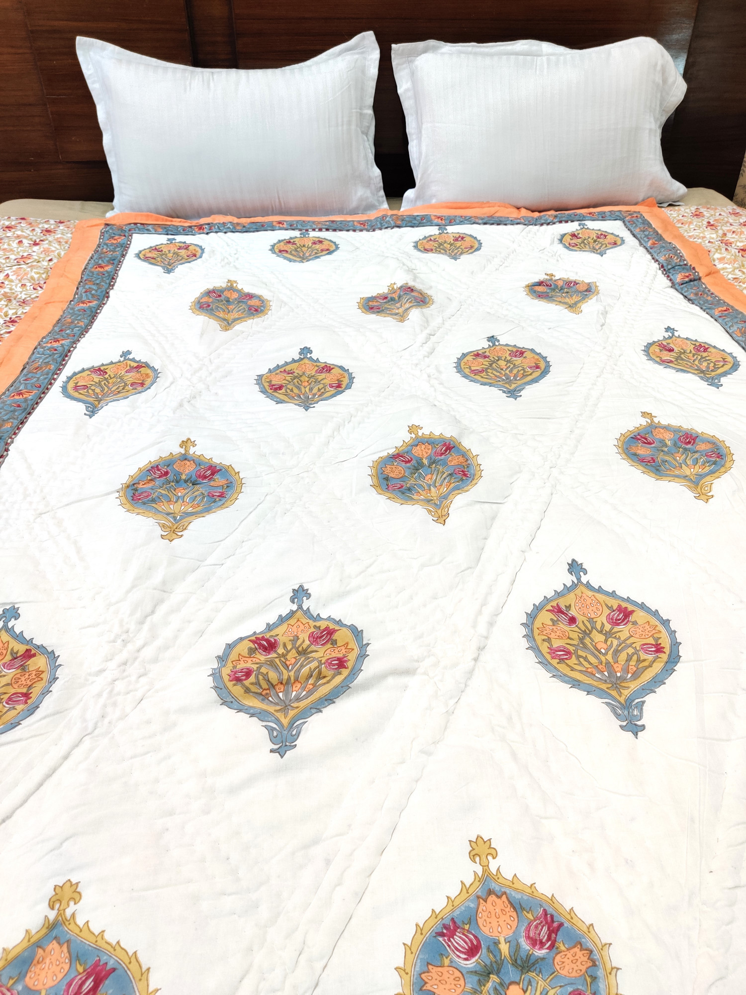 Hand Block Print Mulmul Quilt - Dark Base Floral Soft Jaipuri Razai Double