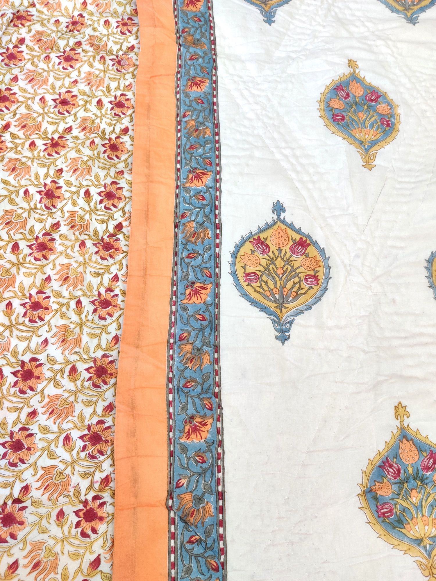 Hand Block Print Mulmul Quilt - Dark Base Floral Soft Jaipuri Razai Double