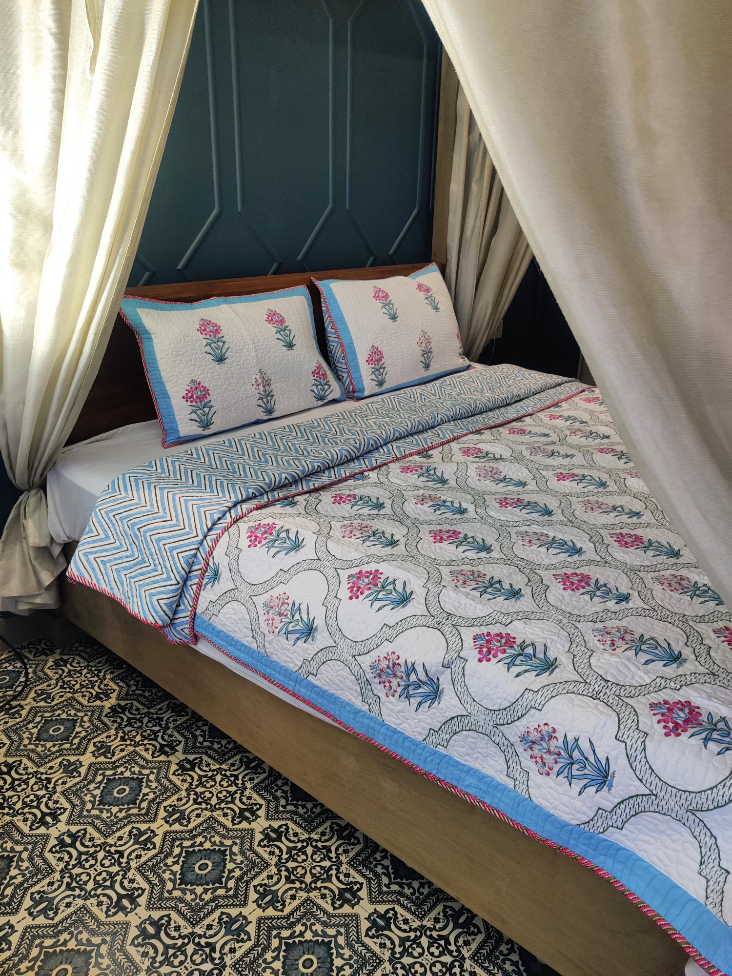 Block Print Bedcover - Floral Whisper Reversible Hand Block Print Cotton Double
