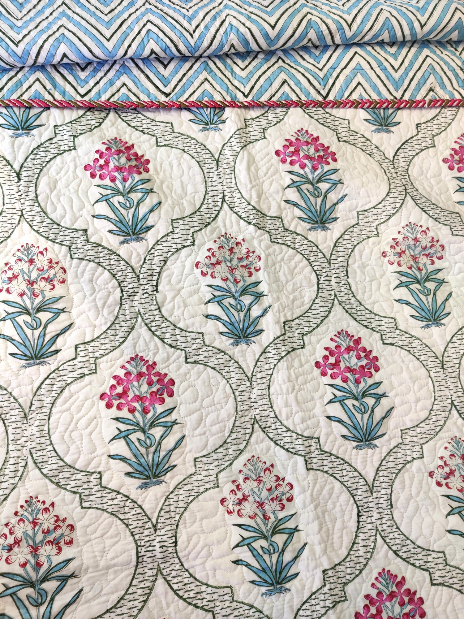 Block Print Bedcover - Floral Whisper Reversible Hand Block Print Cotton Double