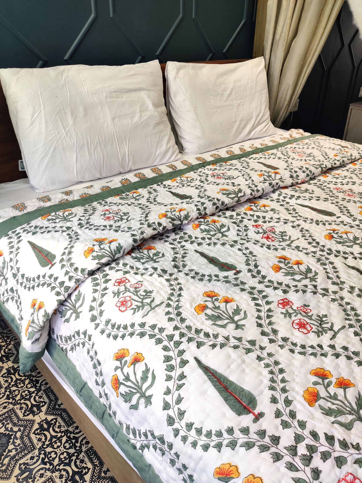 Hand Block Print Mulmul Quilt - Serene Garden Soft Jaipuri Razai Double