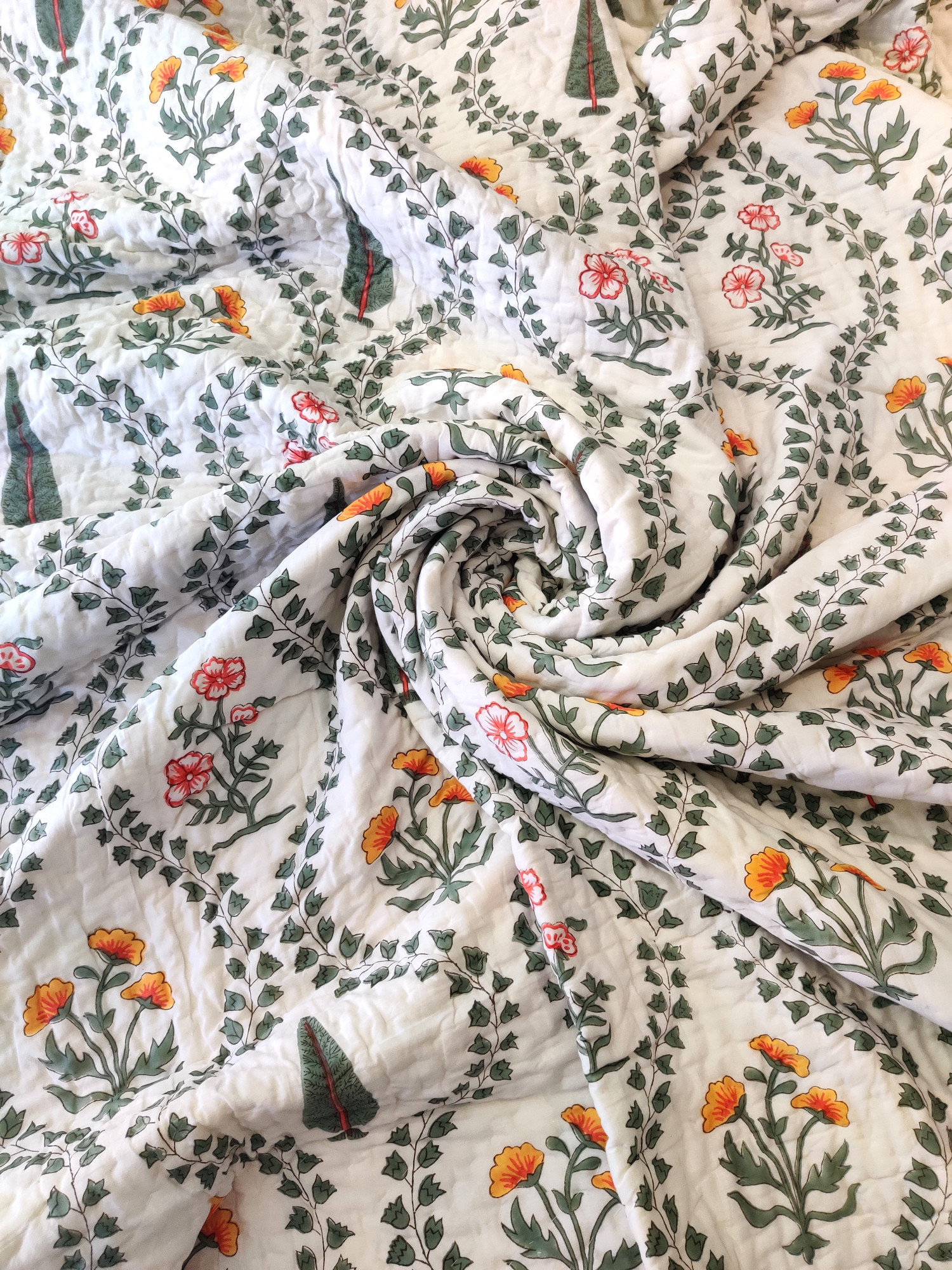 Hand Block Print Mulmul Quilt - Serene Garden Soft Jaipuri Razai Double