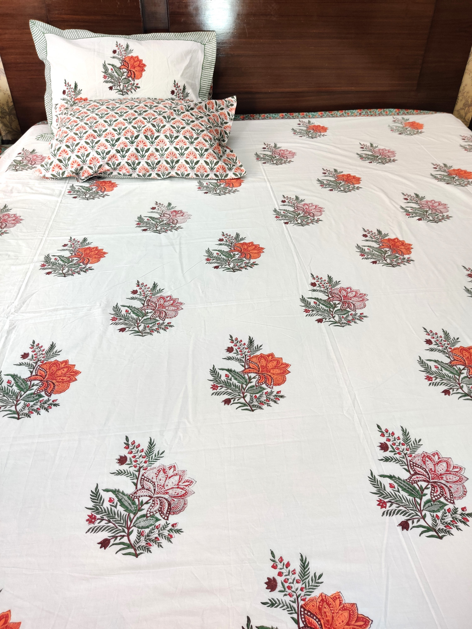 Jaipuri Block Print Bedsheet - Orange Floral King size Hand Block Print Cotton King Size