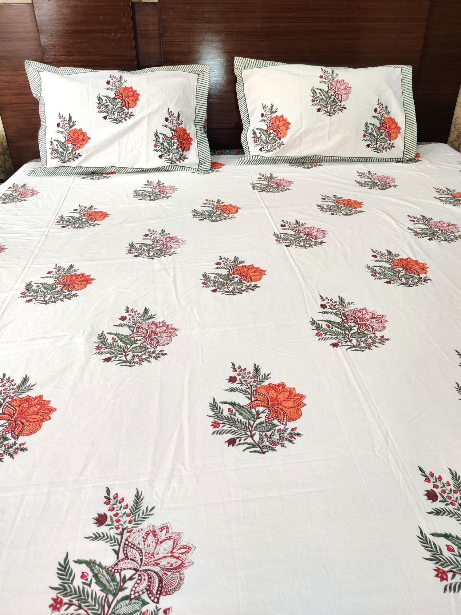 Jaipuri Block Print Bedsheet - Orange Floral King size Hand Block Print Cotton King Size