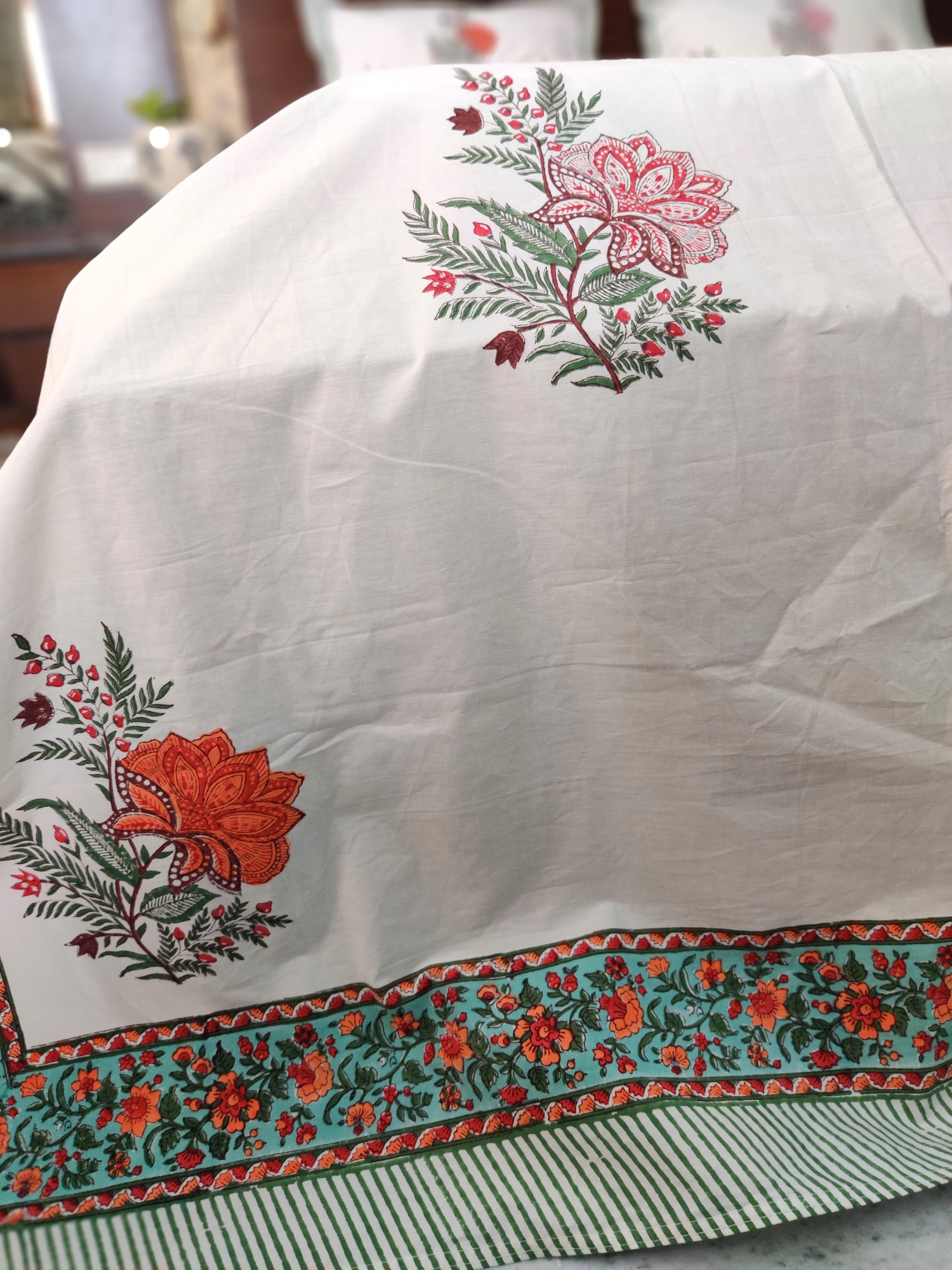 Jaipuri Block Print Bedsheet - Orange Floral King size Hand Block Print Cotton King Size