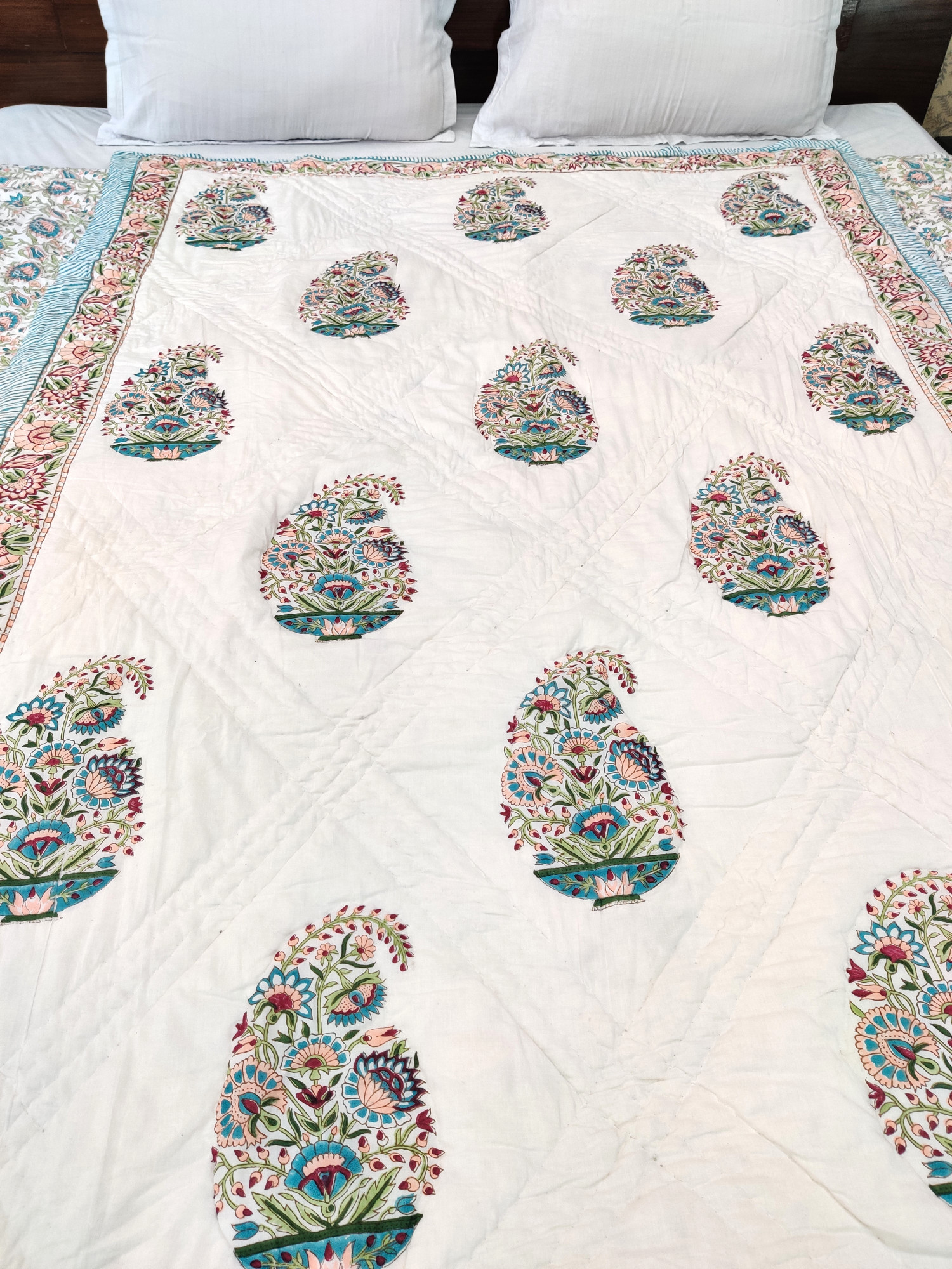 Hand Block Print Mulmul Quilt - Multicoloured Kerry Soft Jaipuri Razai Double