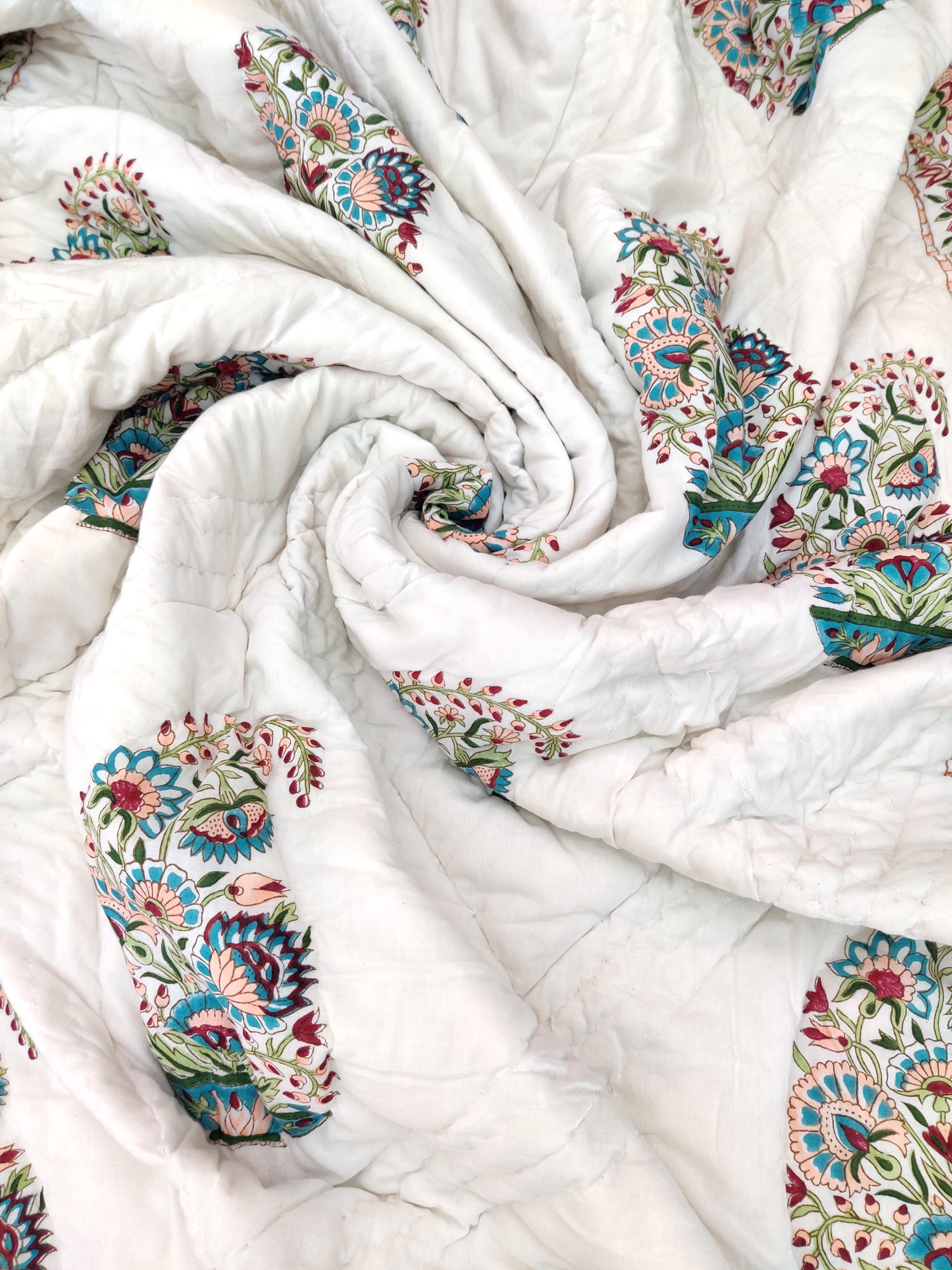 Hand Block Print Mulmul Quilt - Multicoloured Kerry Soft Jaipuri Razai Double