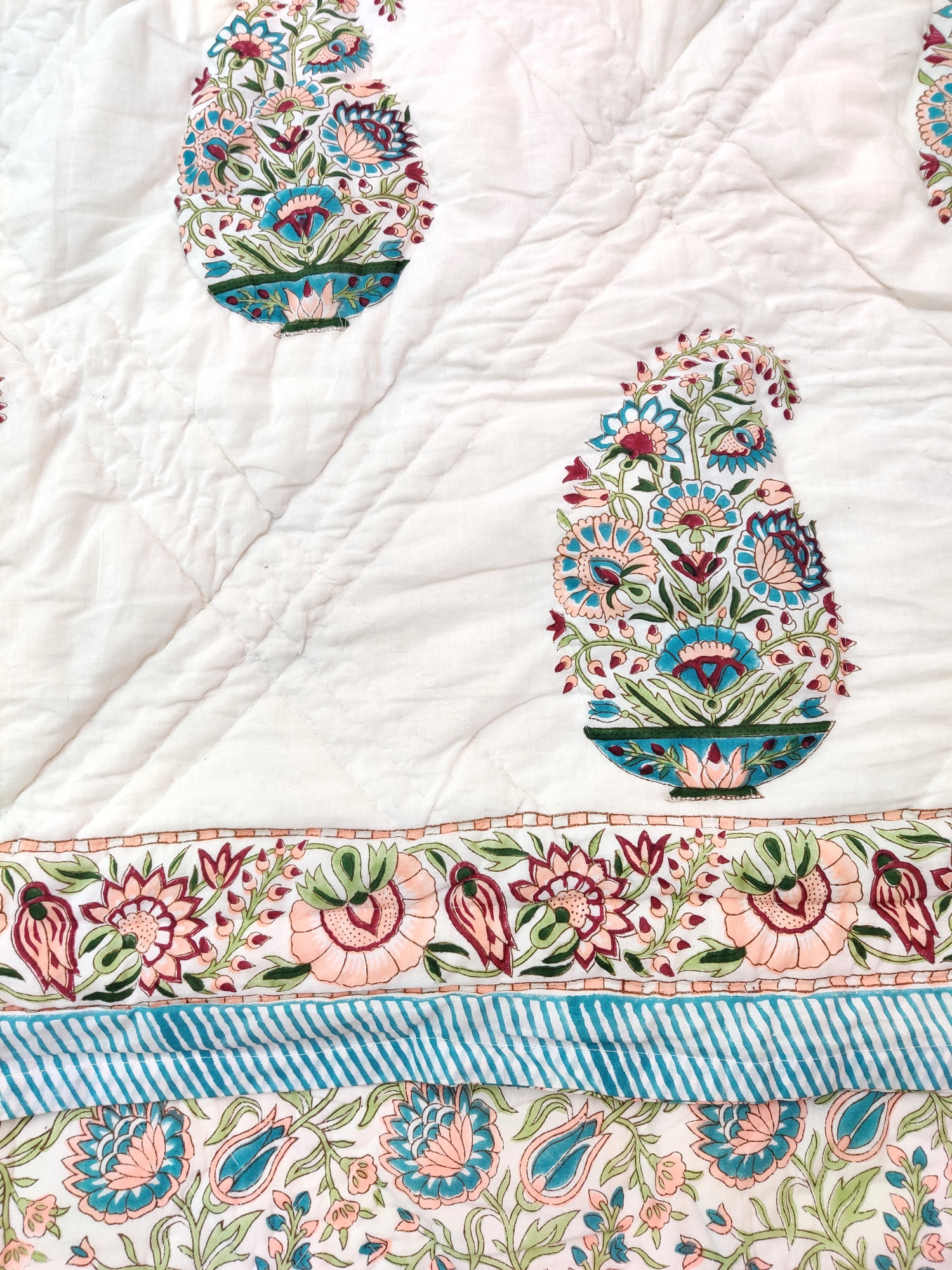 Hand Block Print Mulmul Quilt - Multicoloured Kerry Soft Jaipuri Razai Double
