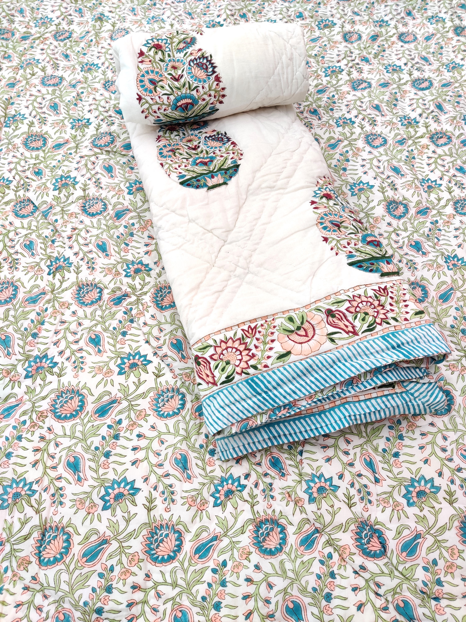 Hand Block Print Mulmul Quilt - Multicoloured Kerry Soft Jaipuri Razai Double