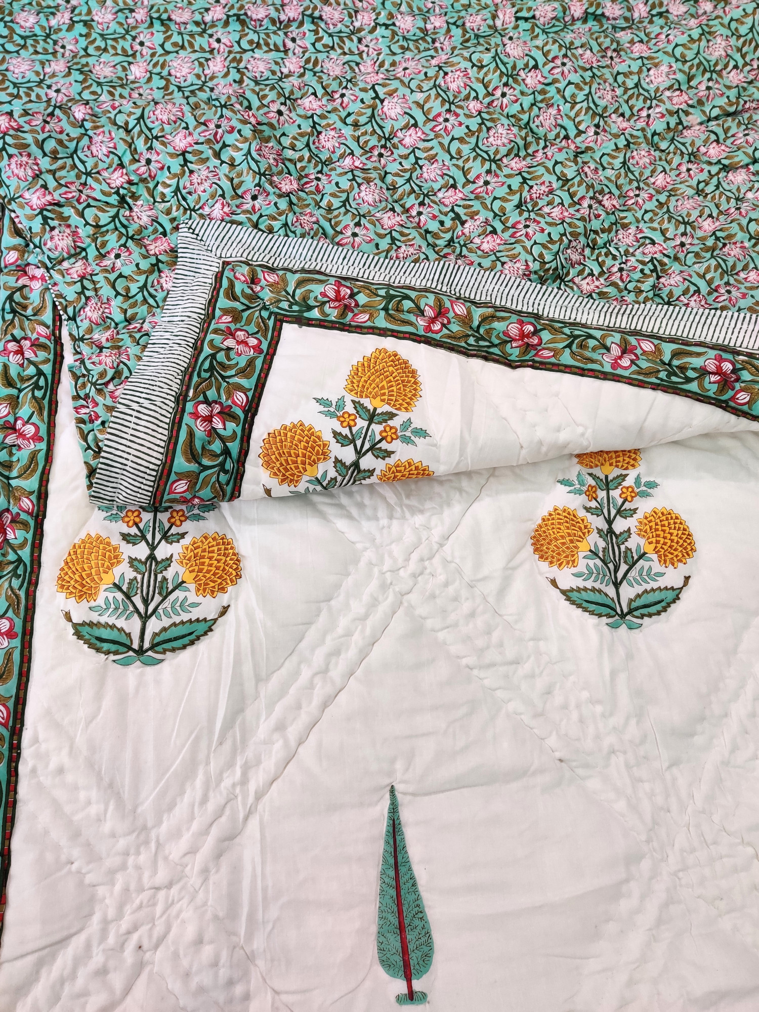 Hand Block Print Mulmul Quilt - Char Boota Soft Jaipuri Razai Double
