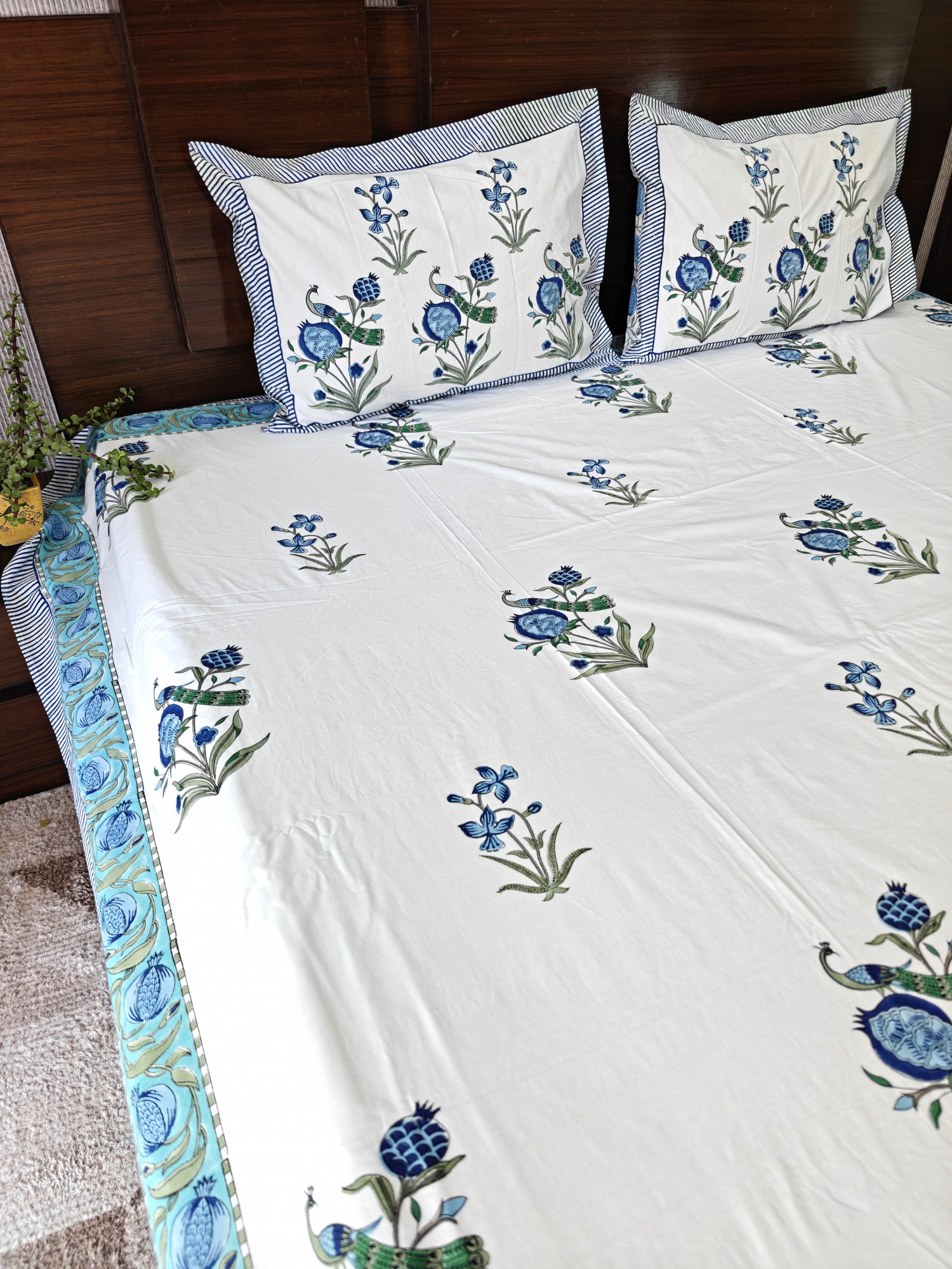 Jaipuri Block Print Bedsheet - Regal Peacock Hand Block Print Cotton King Size