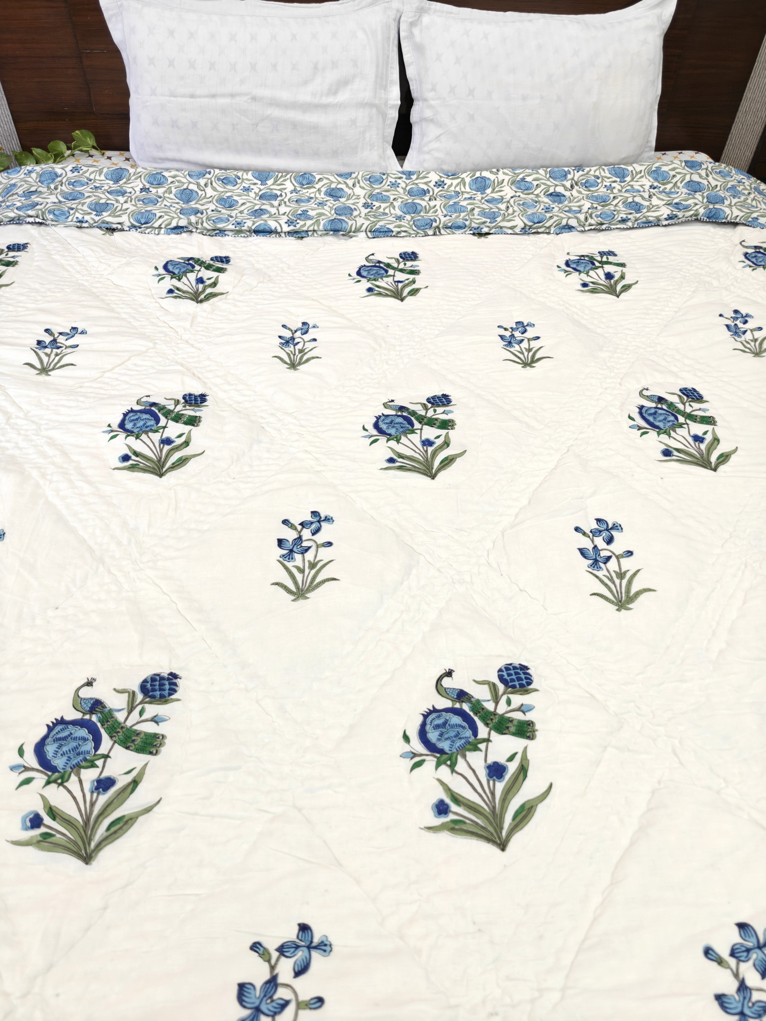 Hand Block Print Mulmul Quilt - Regal Peacock Soft Jaipuri Razai Double