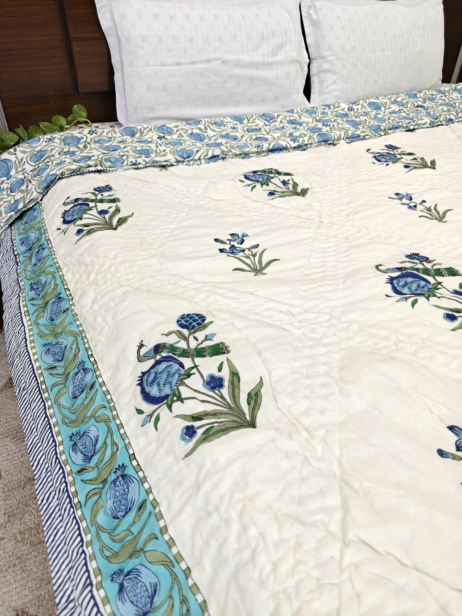 Hand Block Print Mulmul Quilt - Regal Peacock Soft Jaipuri Razai Double