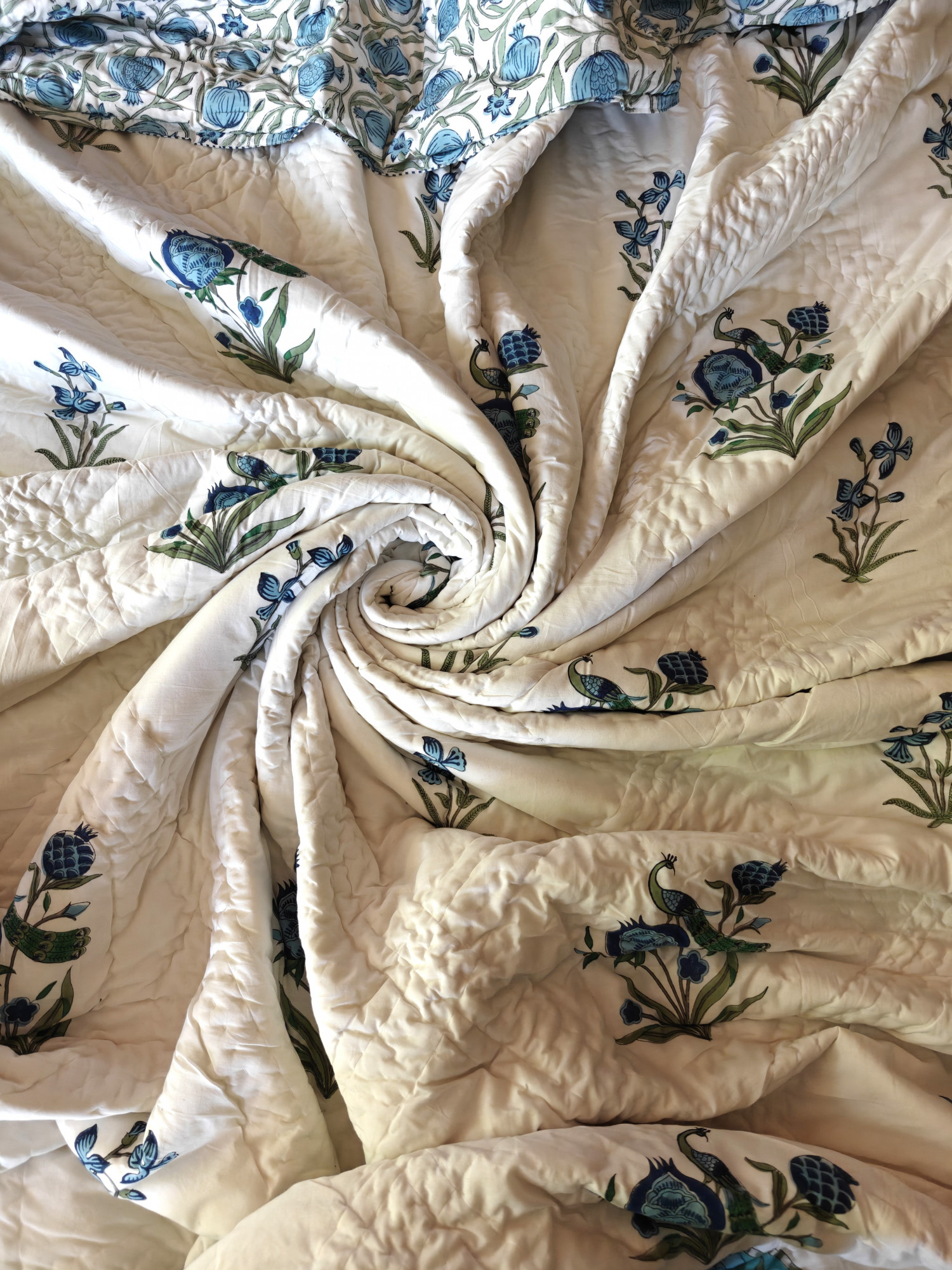 Hand Block Print Mulmul Quilt - Regal Peacock Soft Jaipuri Razai Double