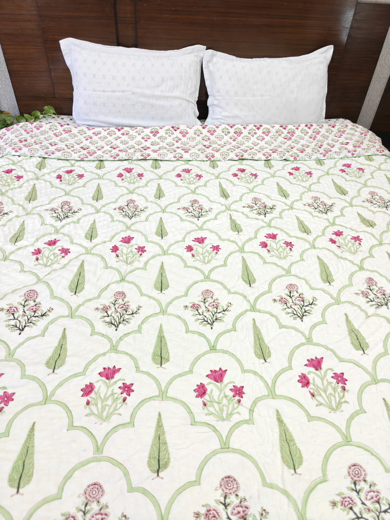 Hand Block Print Mulmul Quilt - Green Jaal Fern Soft Jaipuri Razai Double