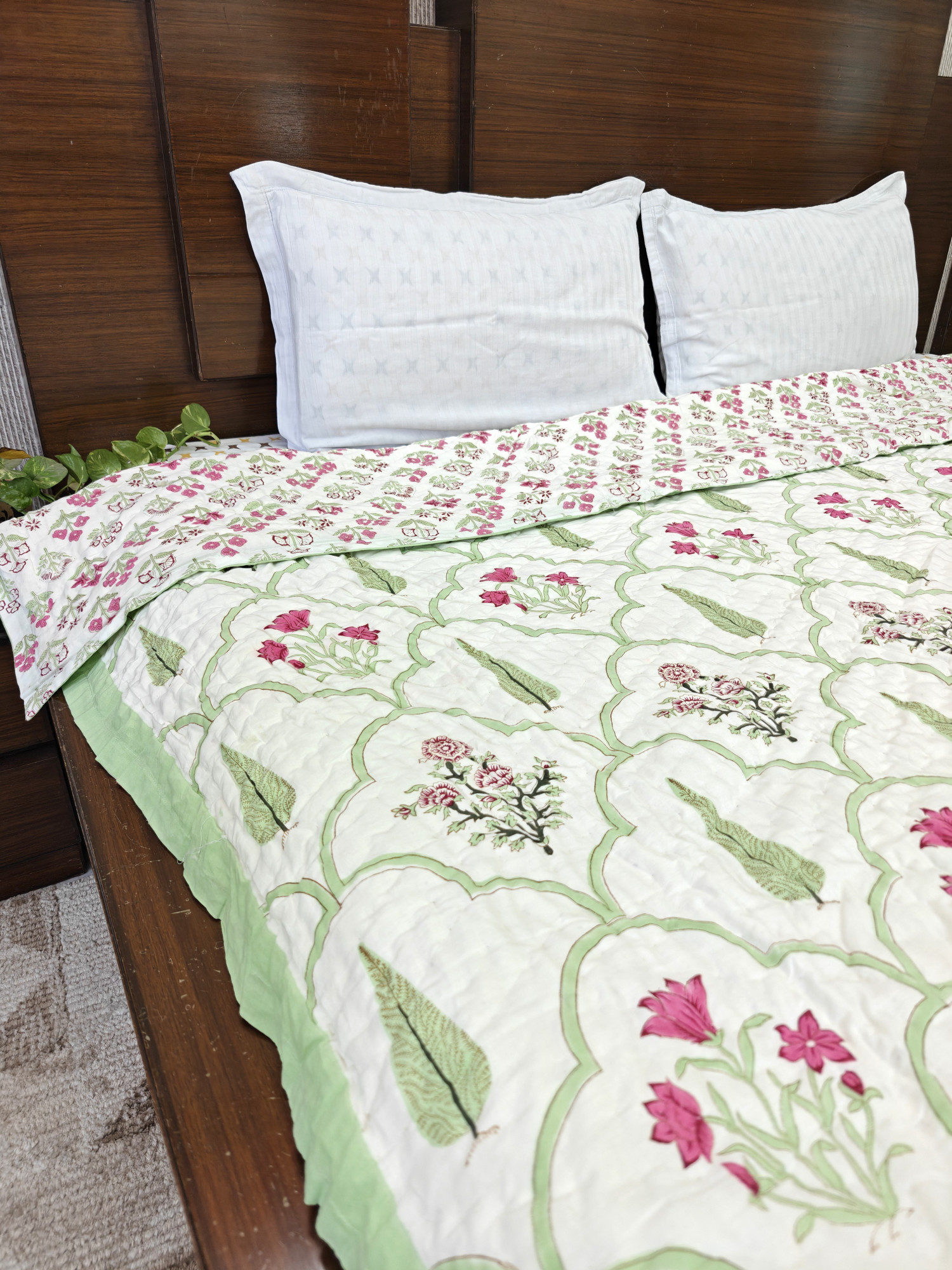 Hand Block Print Mulmul Quilt - Green Jaal Fern Soft Jaipuri Razai Double