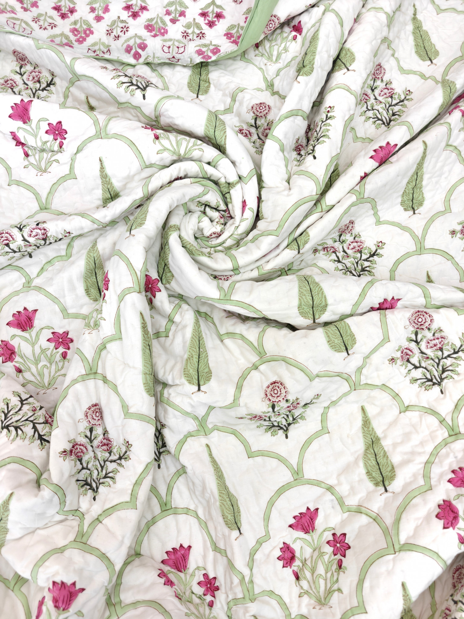 Hand Block Print Mulmul Quilt - Green Jaal Fern Soft Jaipuri Razai Double
