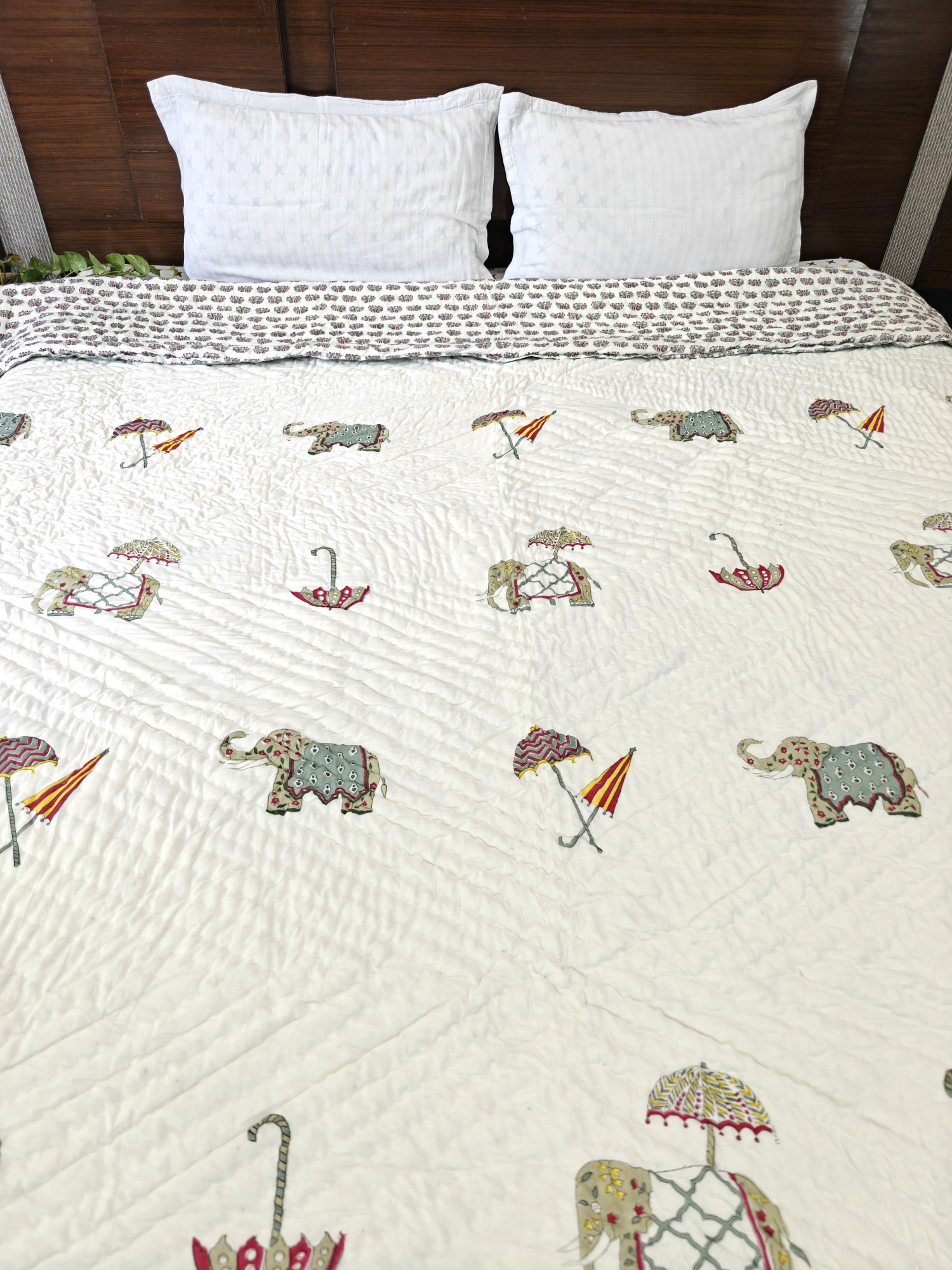Hand Block Print Mulmul Quilt - Double Multi Haathi Soft Jaipuri Razai Double