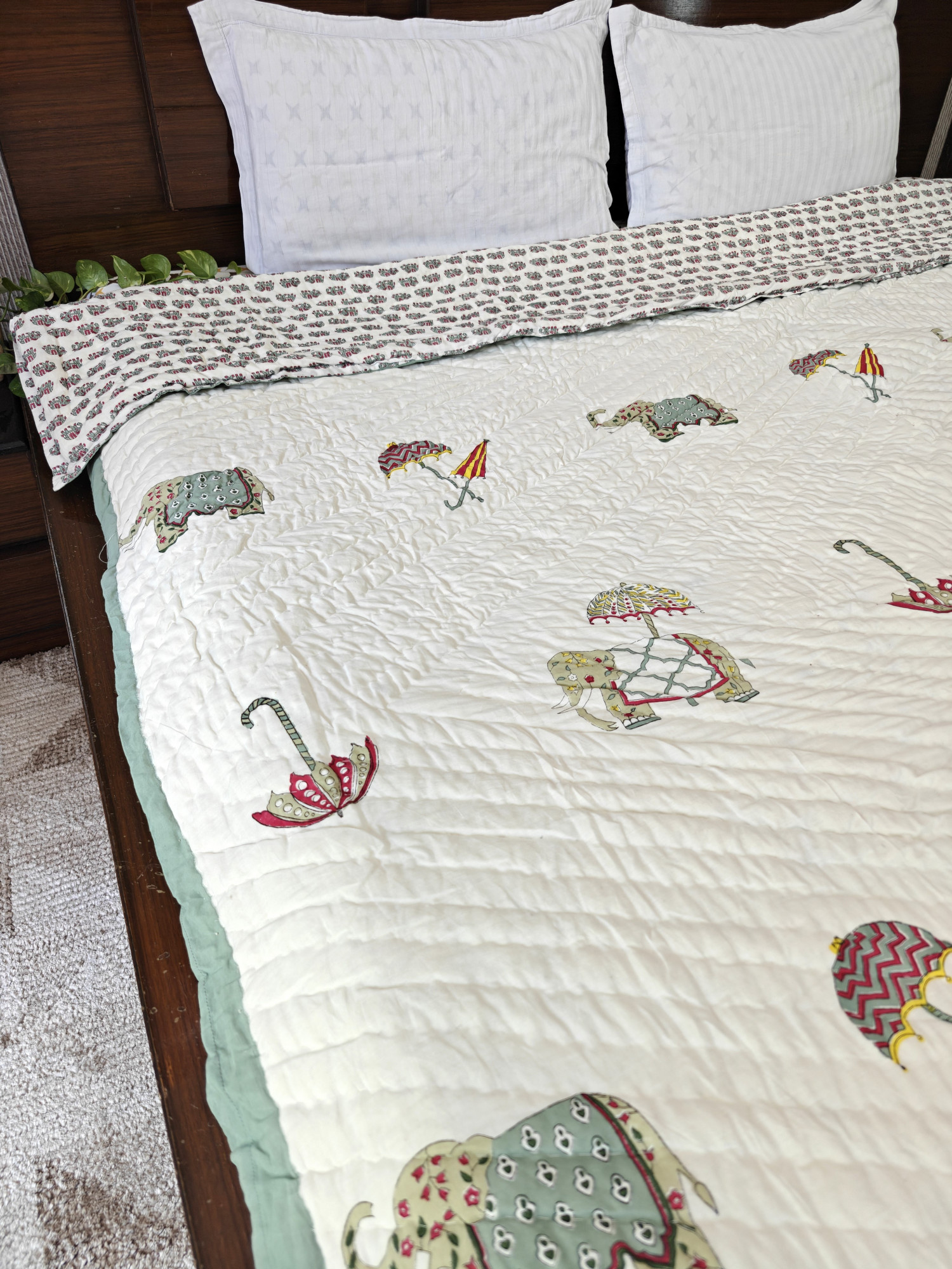Hand Block Print Mulmul Quilt - Double Multi Haathi Soft Jaipuri Razai Double