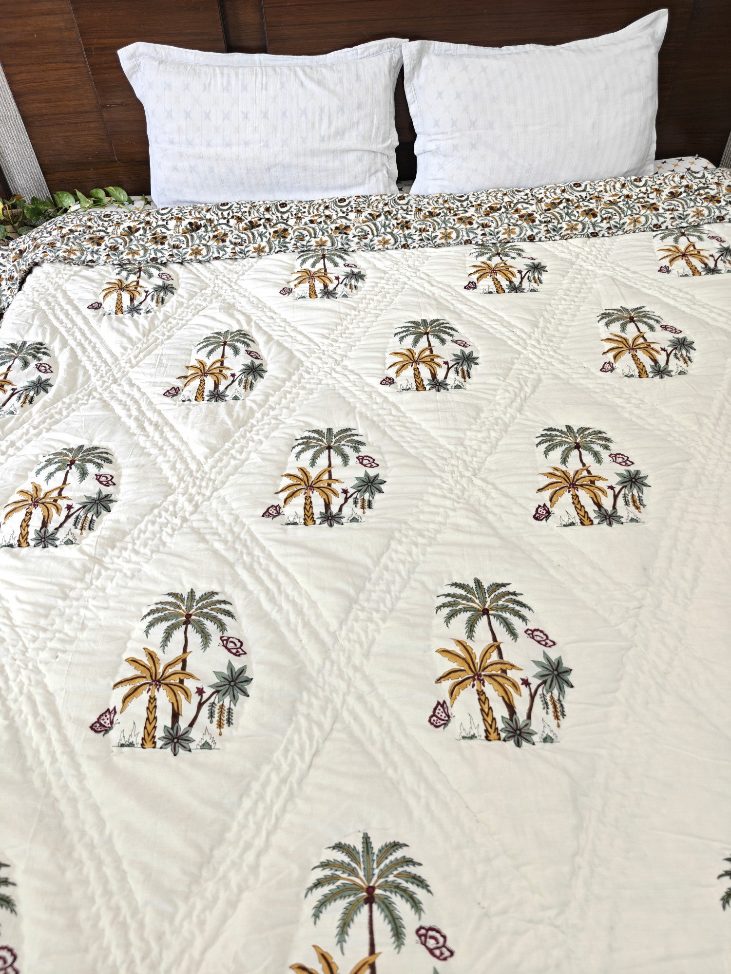 Hand Block Print Mulmul Quilt - Palm Whisper Soft Jaipuri Razai Double