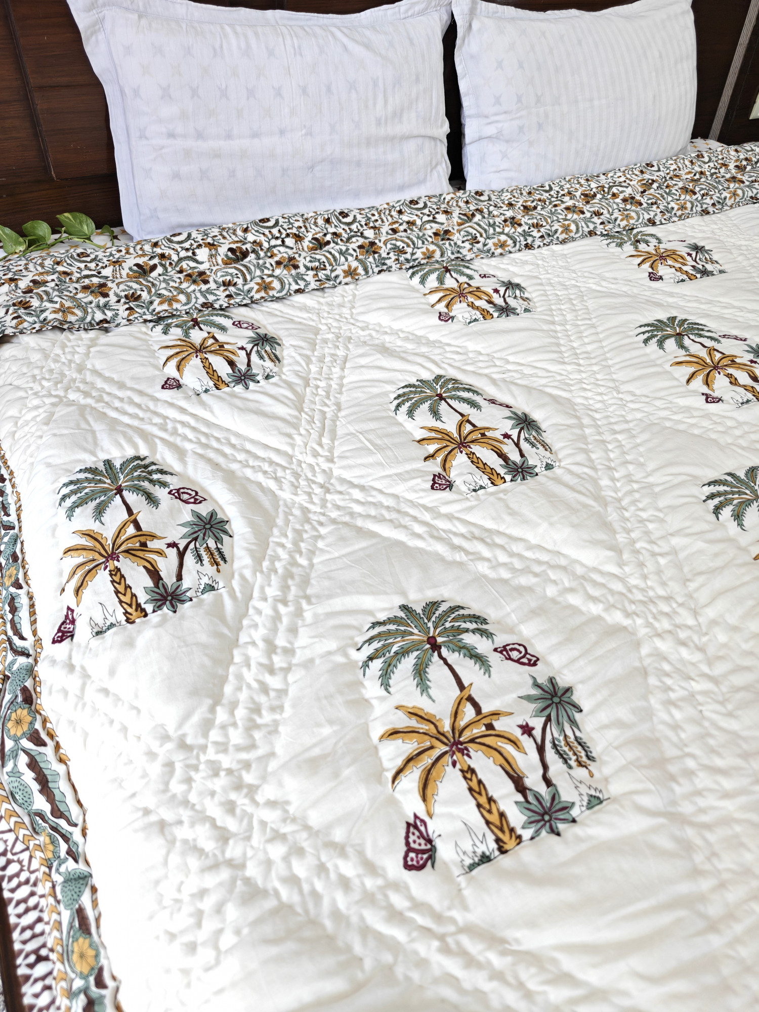 Hand Block Print Mulmul Quilt - Palm Whisper Soft Jaipuri Razai Double