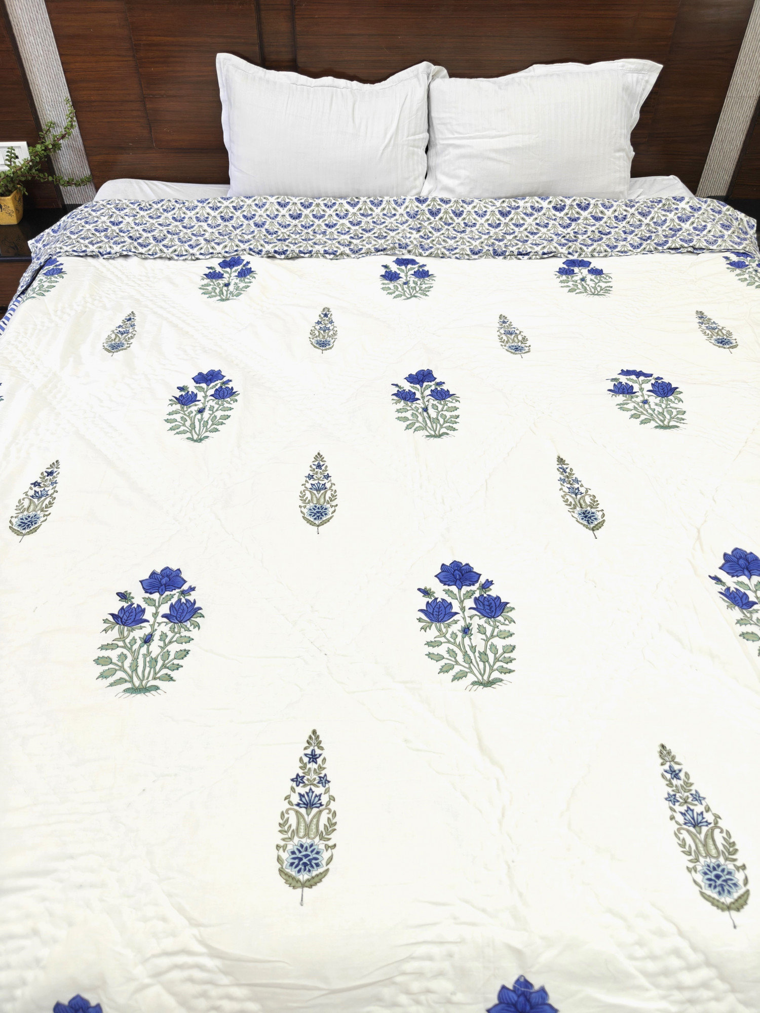 Hand Block Print Mulmul Quilt - Blue Double Motif Soft Jaipuri Razai Double