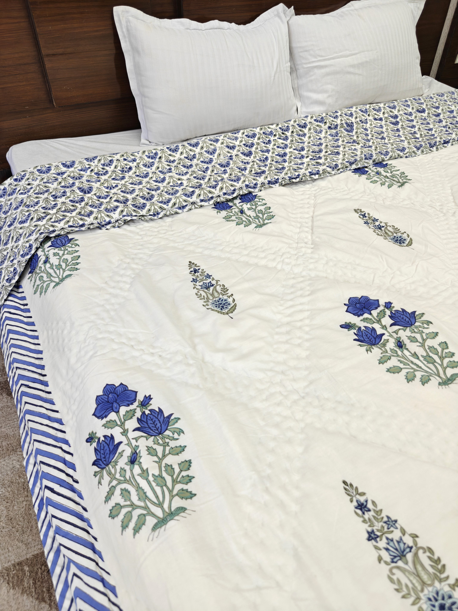 Hand Block Print Mulmul Quilt - Blue Double Motif Soft Jaipuri Razai Double