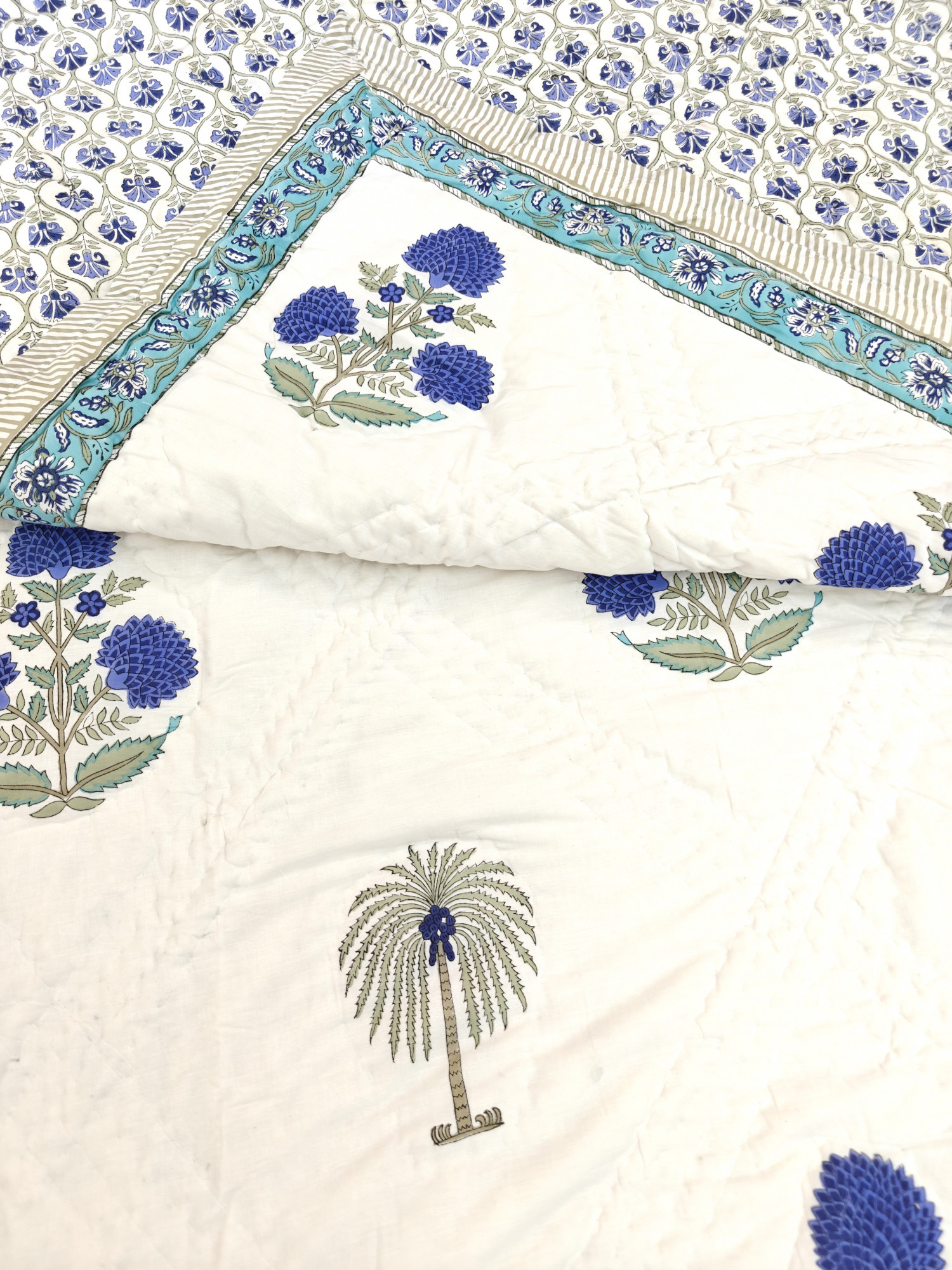 Hand Block Print Mulmul Quilt - Palm Soft Jaipuri Razai Double