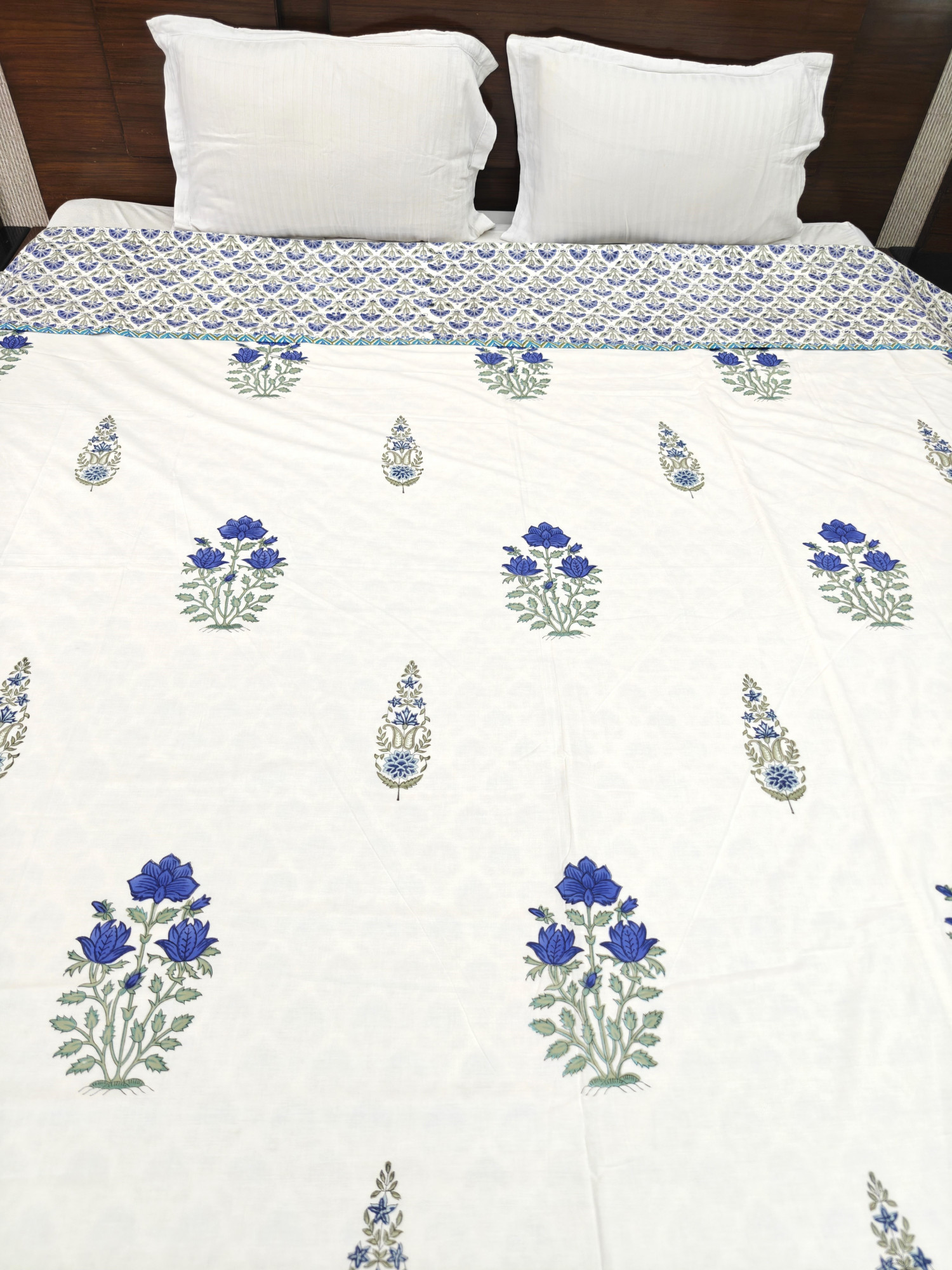 Block Print Dohar - Blue Double Motif Hand Block Print Mulmul Jaipuri